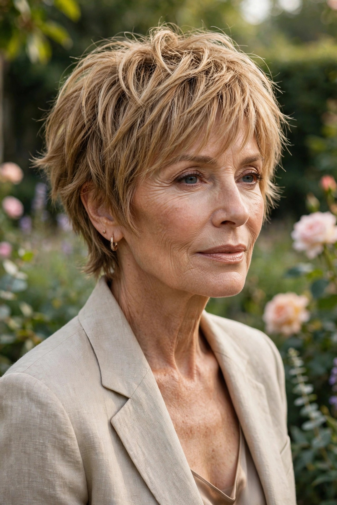 Woman in her 60s with a honeyed shaggy pixie