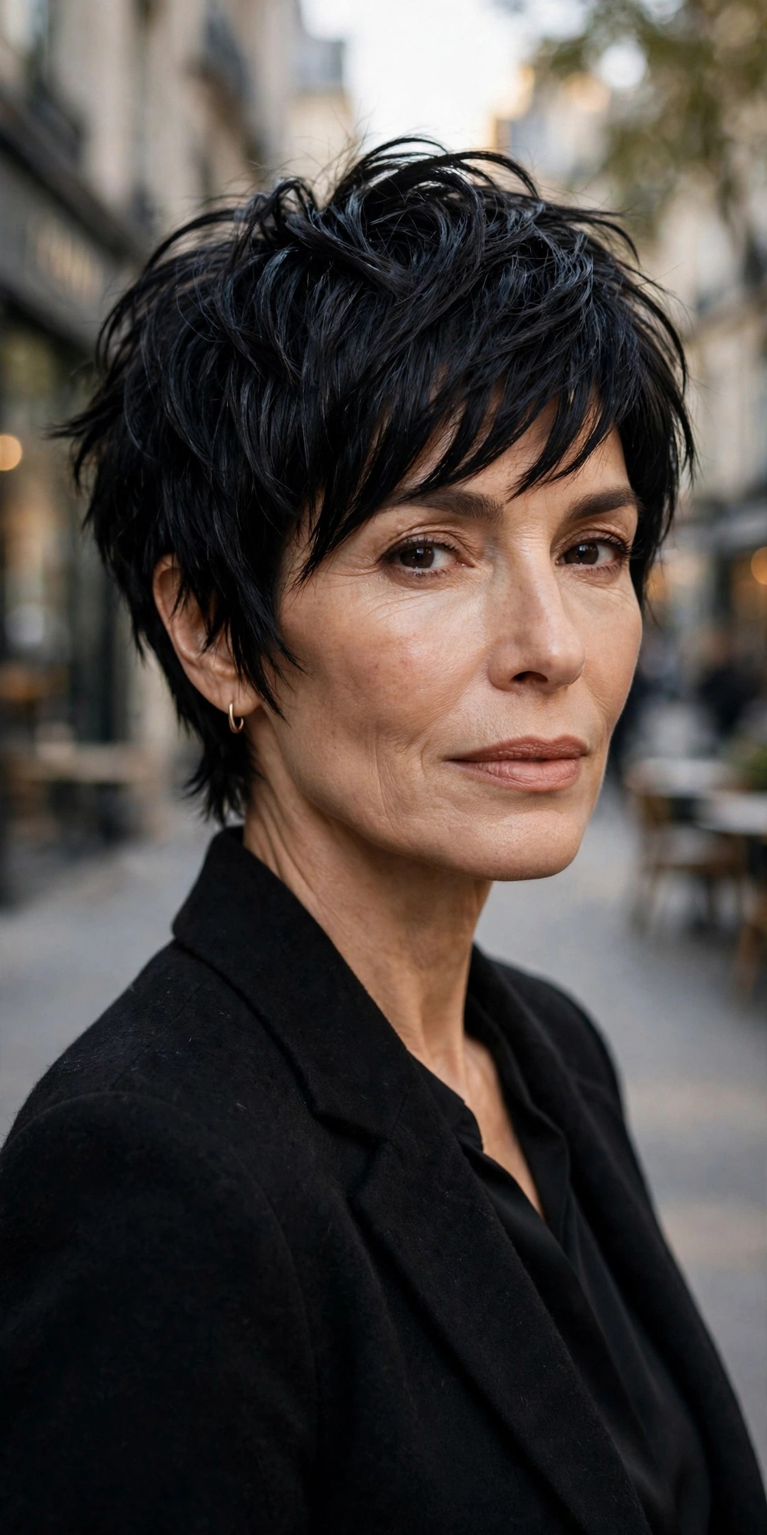 Woman in her 50s with a glossy onyx shaggy pixie