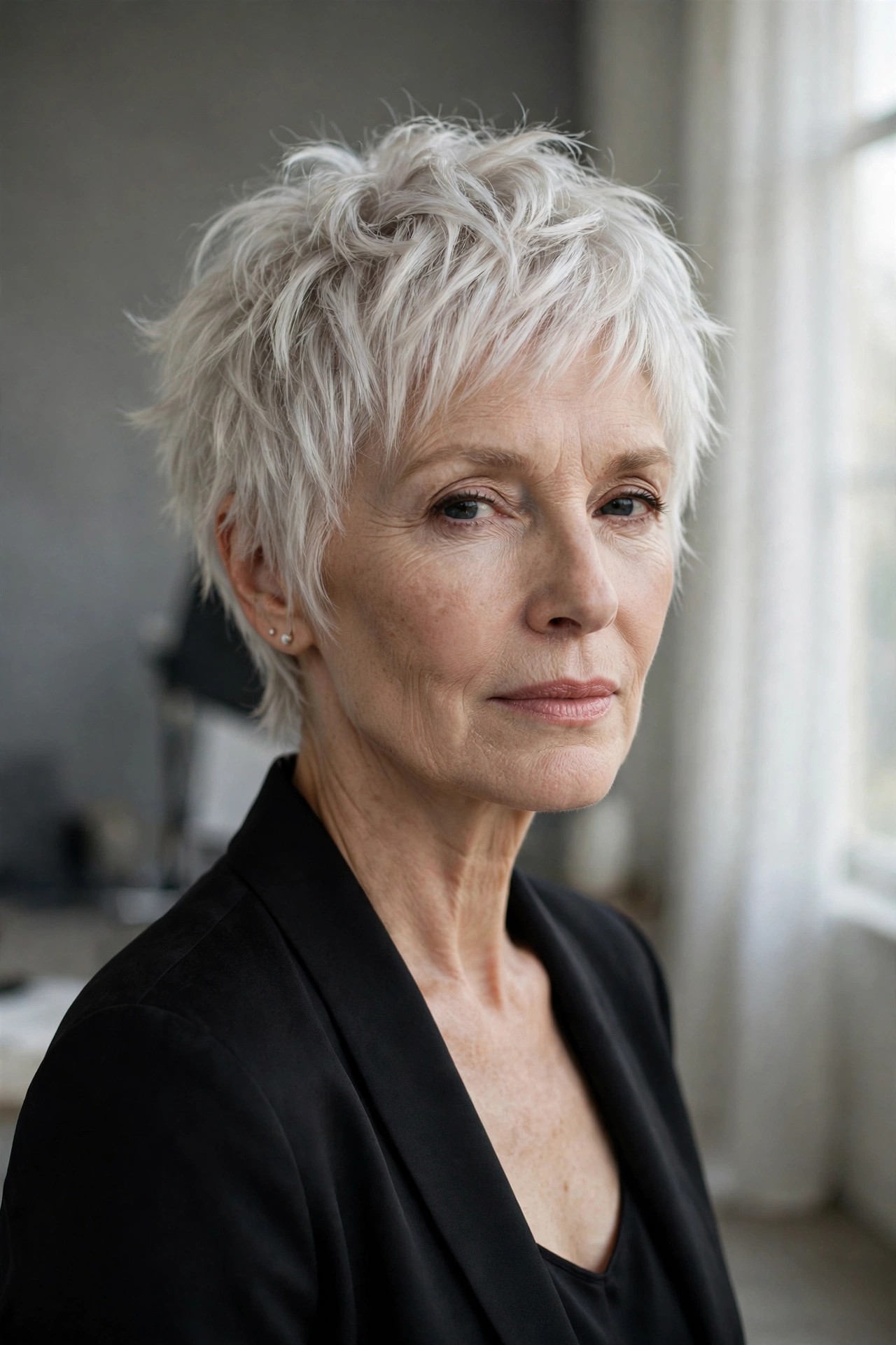 Woman in her 60s with a platinum shaggy pixie