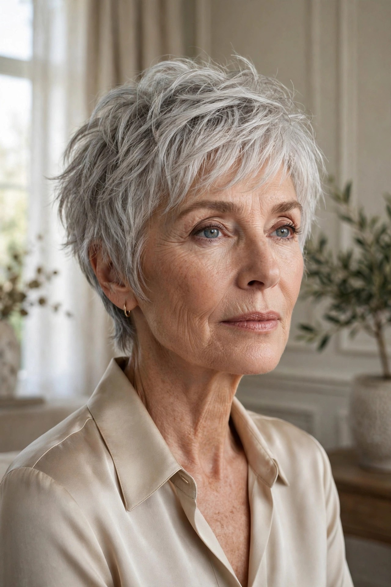 Woman in her 60s with a natural silver shaggy pixie