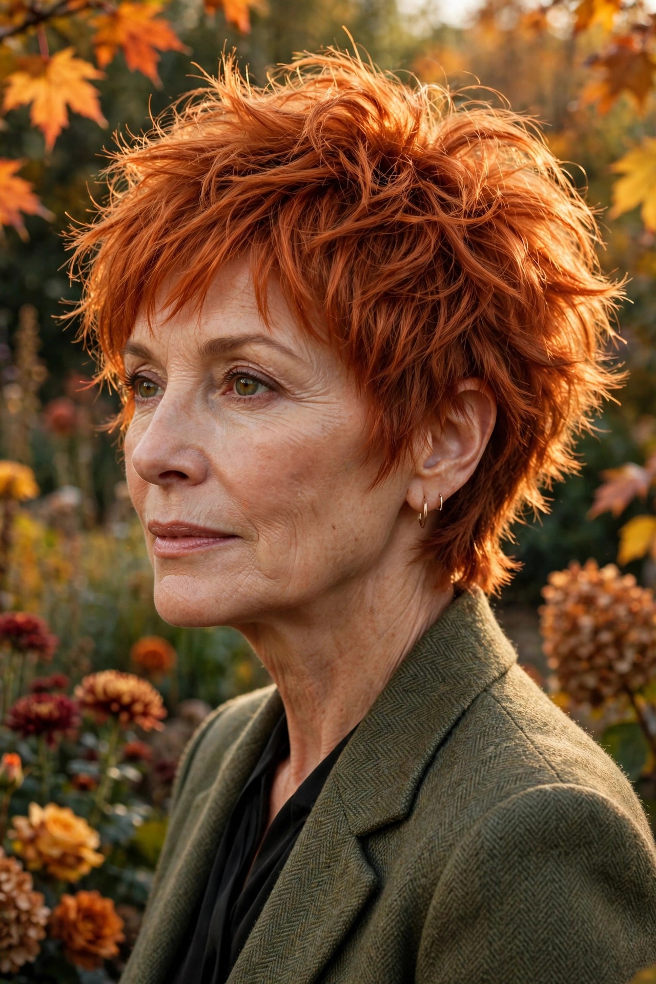 Woman in her 50s with a fiery copper shaggy pixie