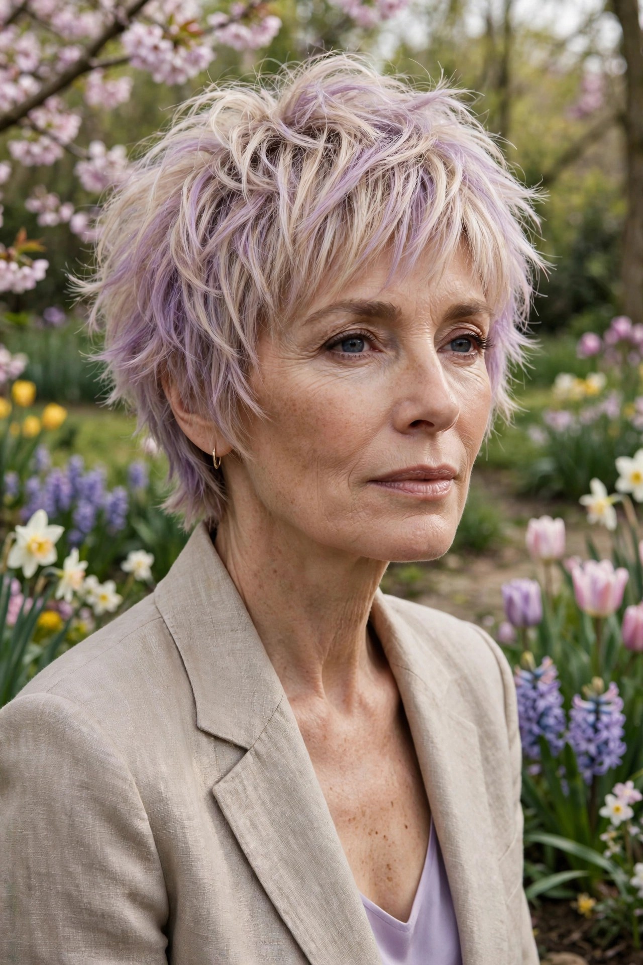 Woman in her 50s with a lilac-dusted shaggy pixie