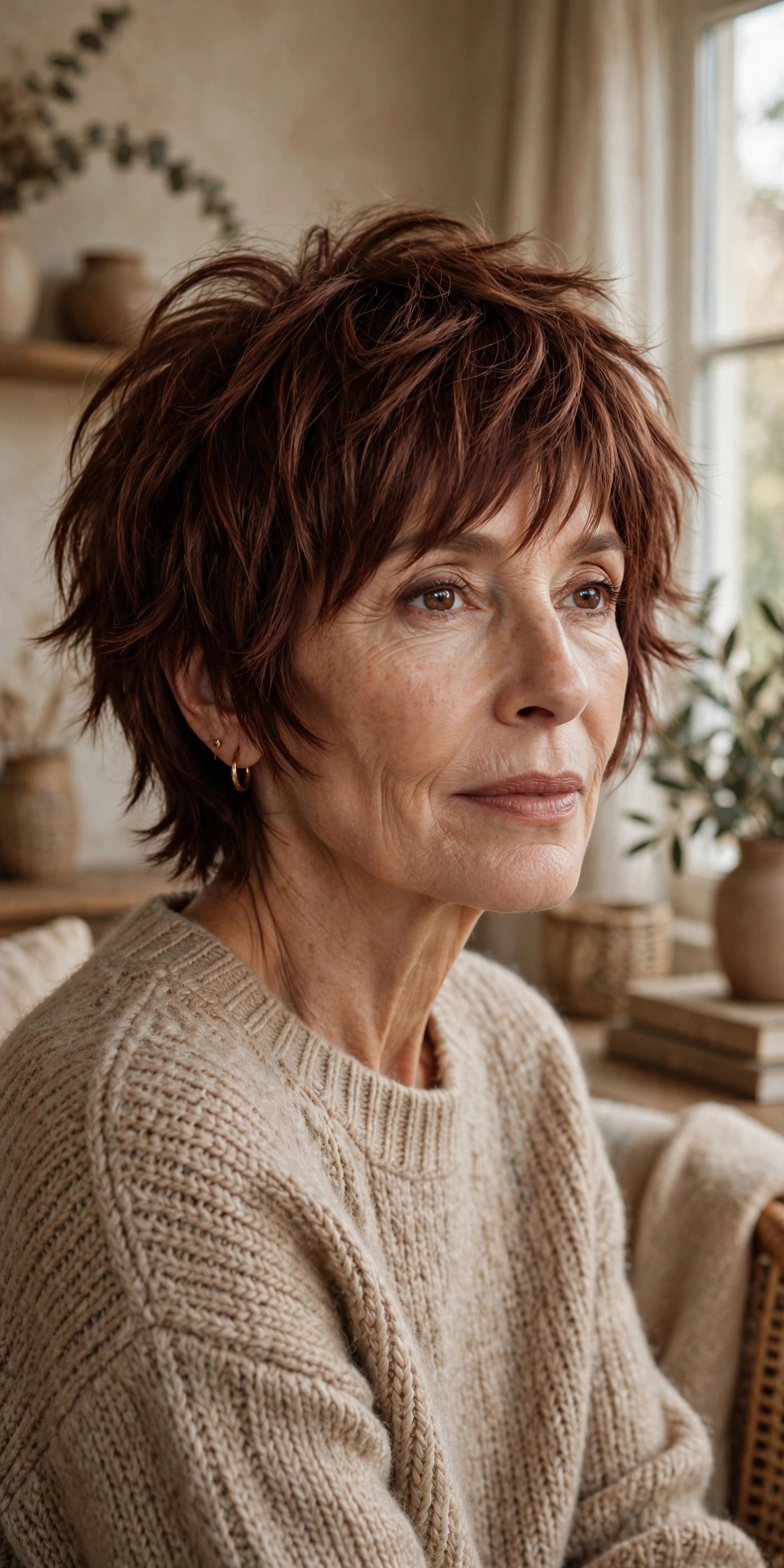 Woman in her 60s with a rosewood shaggy pixie