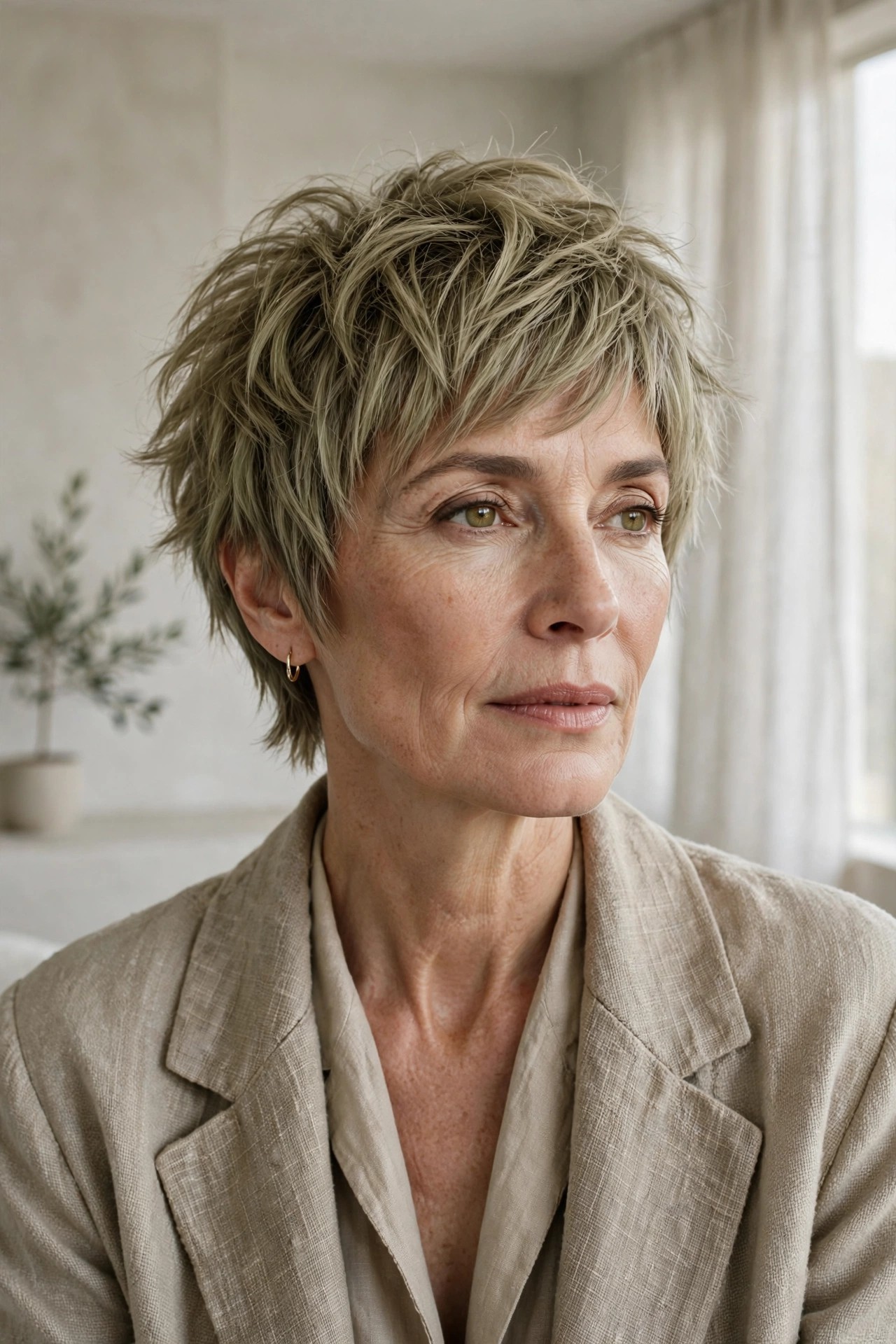 Woman in her 50s with an olive-toned shaggy pixie