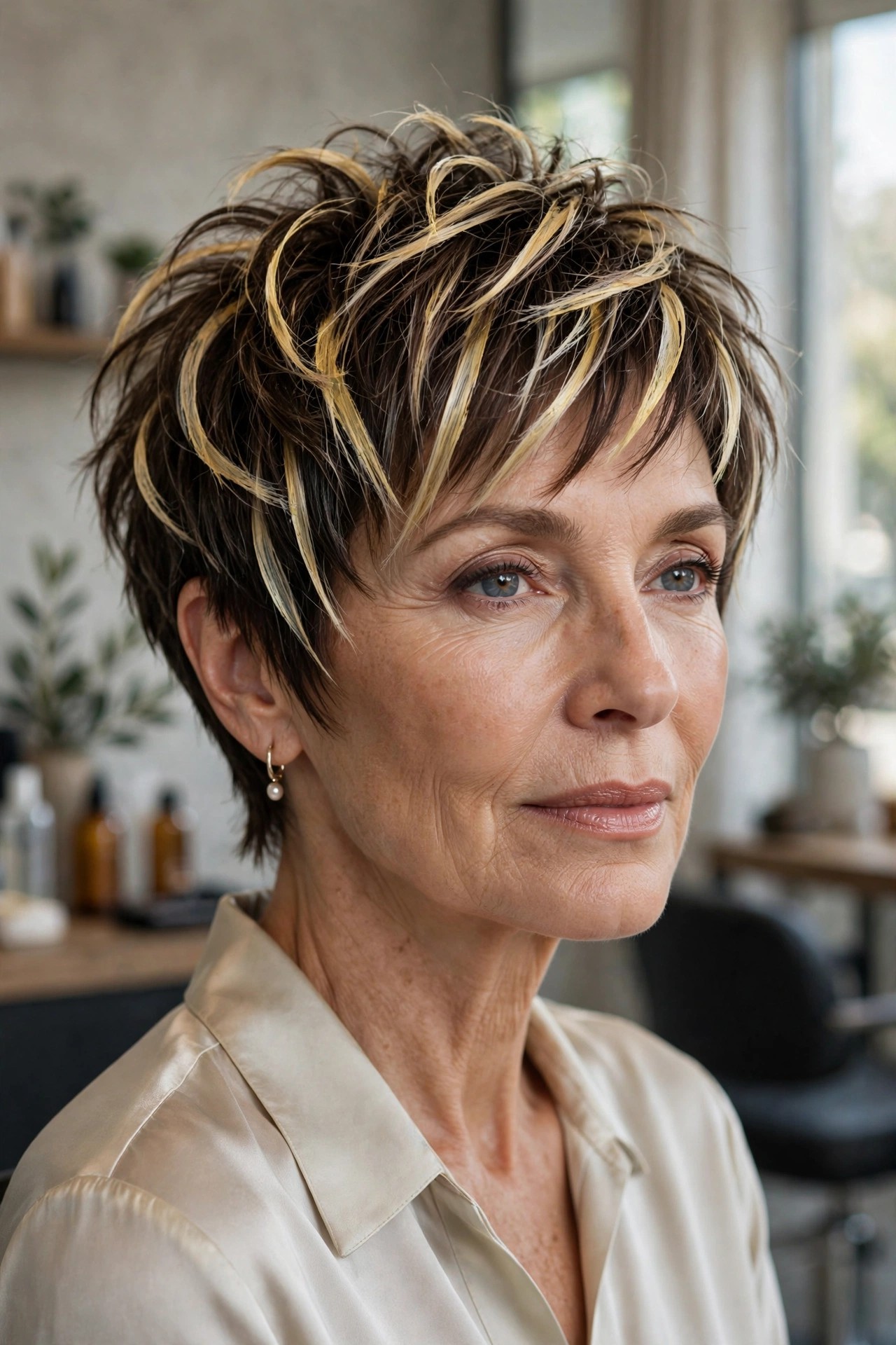 Woman in her 60s with a hand-painted highlighted shaggy pixie