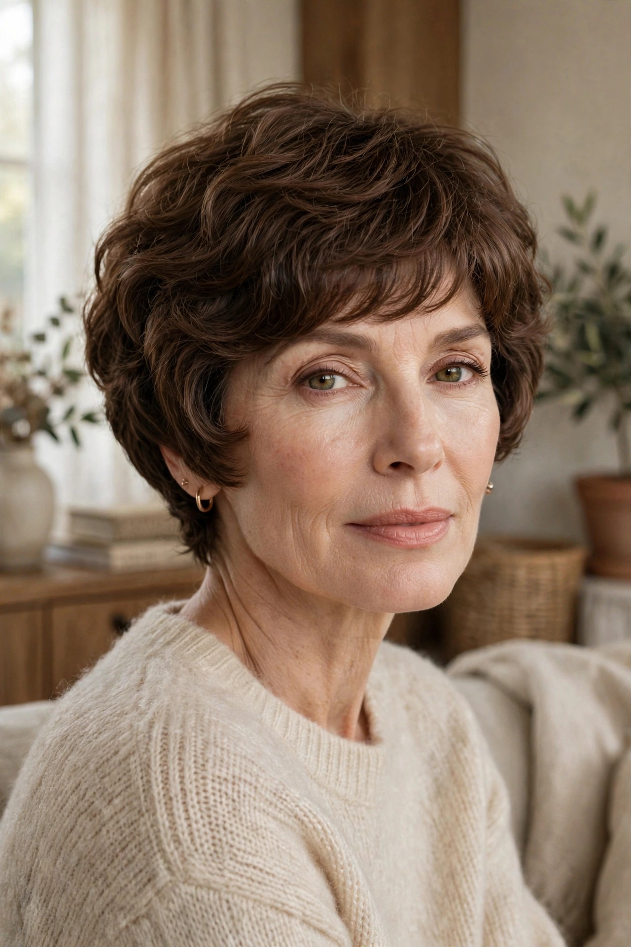 Woman in her 50s with a soft rounded teddy shaggy pixie