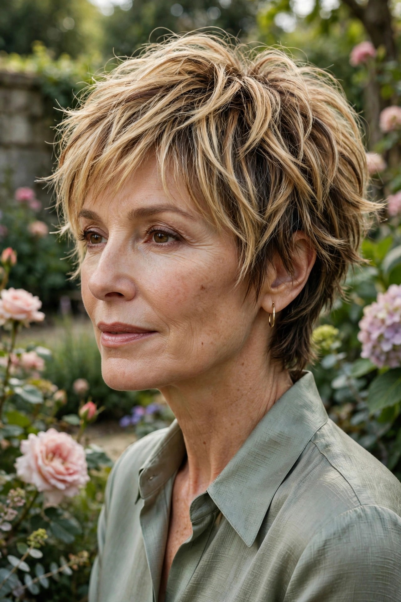 Woman in her 50s with a golden bumble shaggy pixie