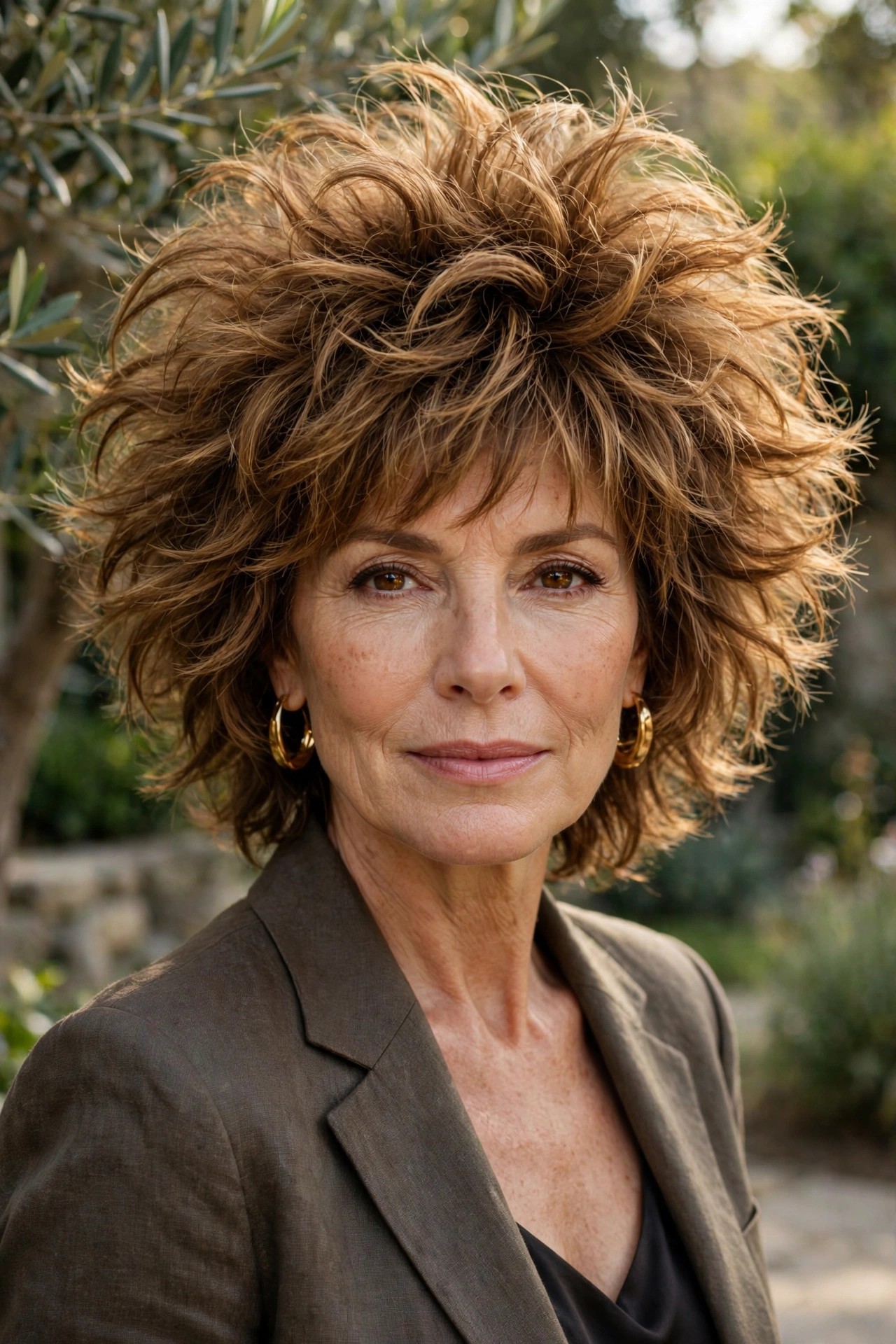 Woman in her 50s with a big voluminous lioness shaggy pixie