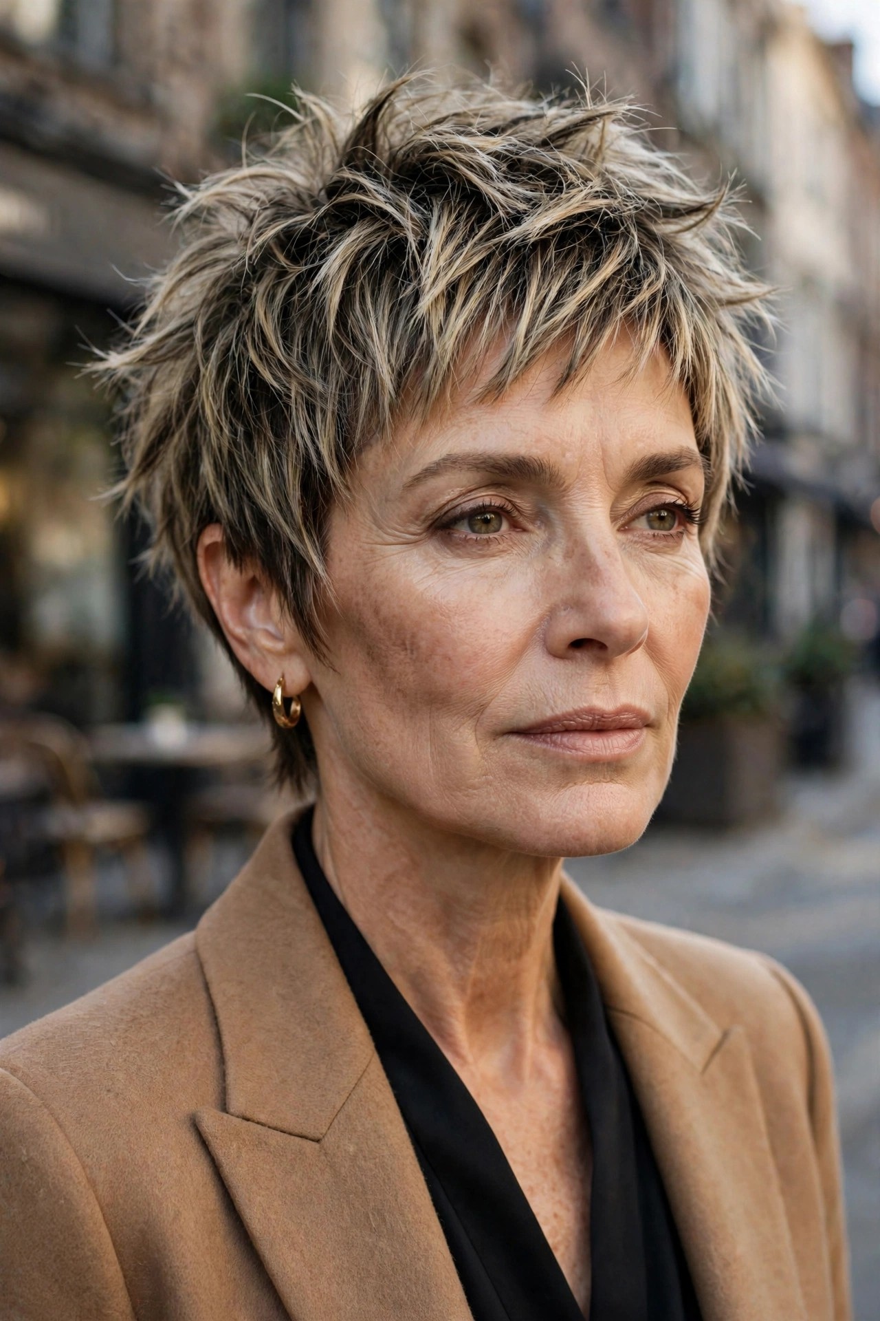 Woman in her 50s with a wild wolf-cut pixie