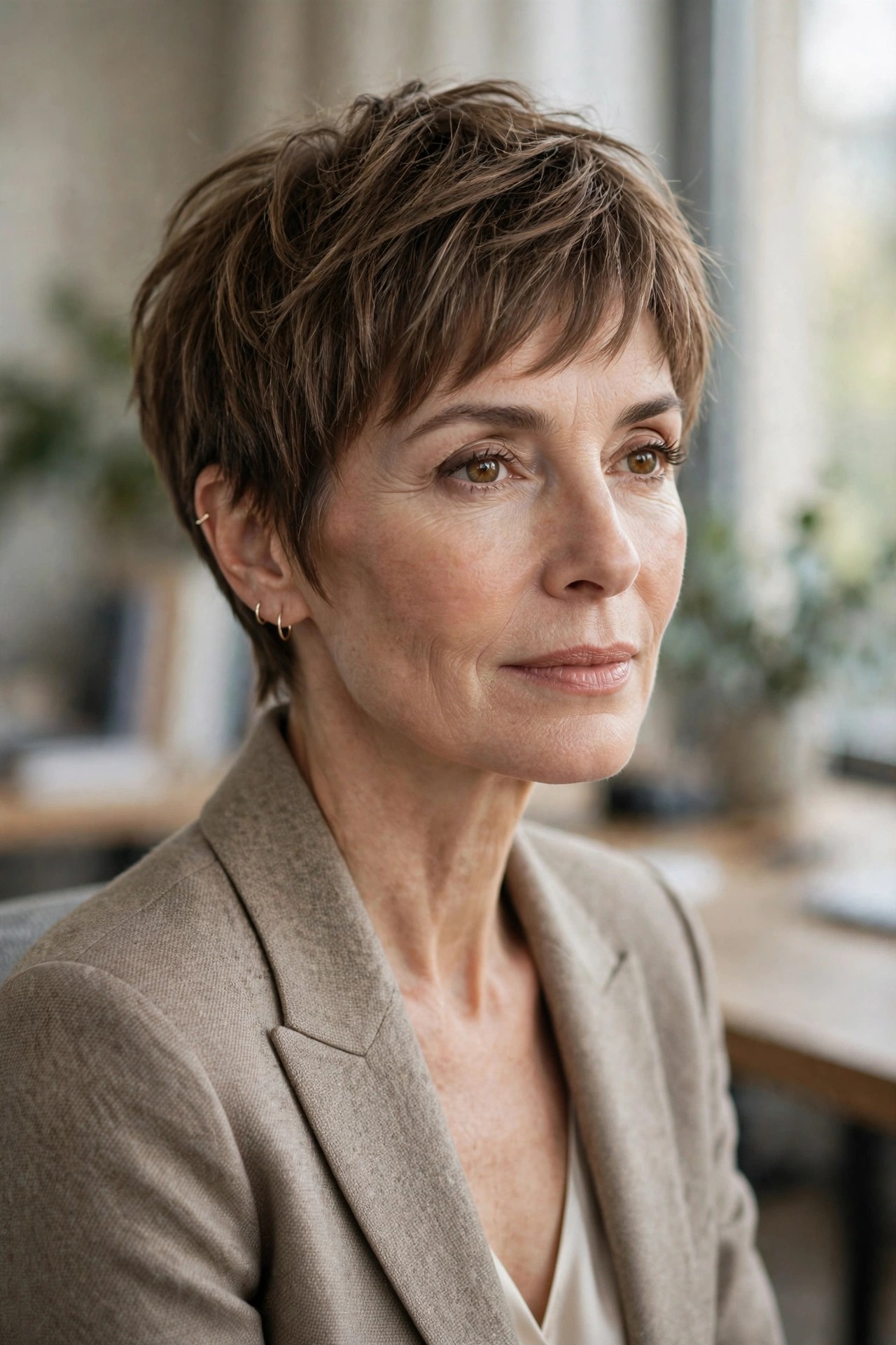 Woman in her 50s with a petite kitten shaggy pixie