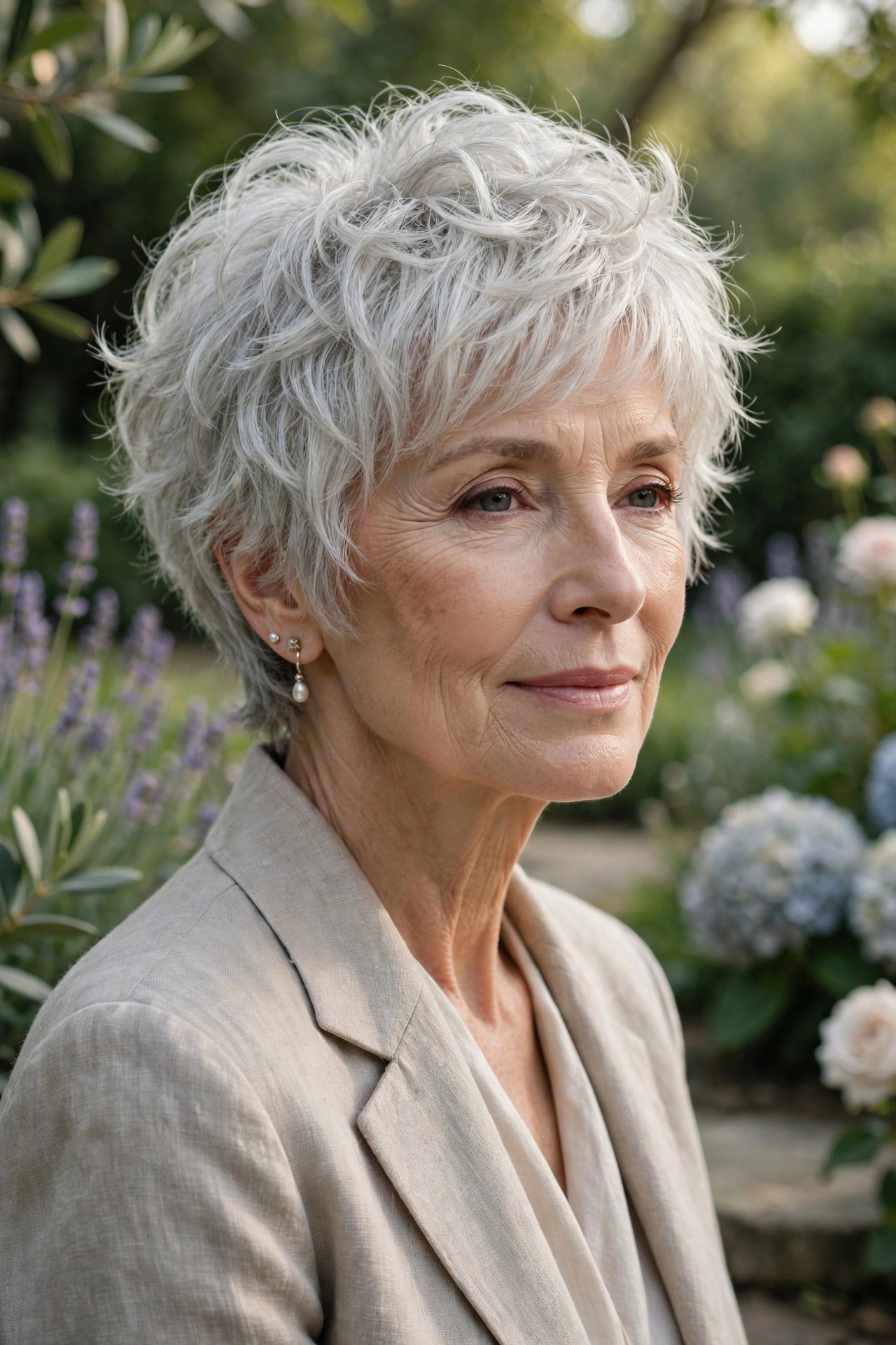 Woman in her 60s with a serene dove-white shaggy pixie