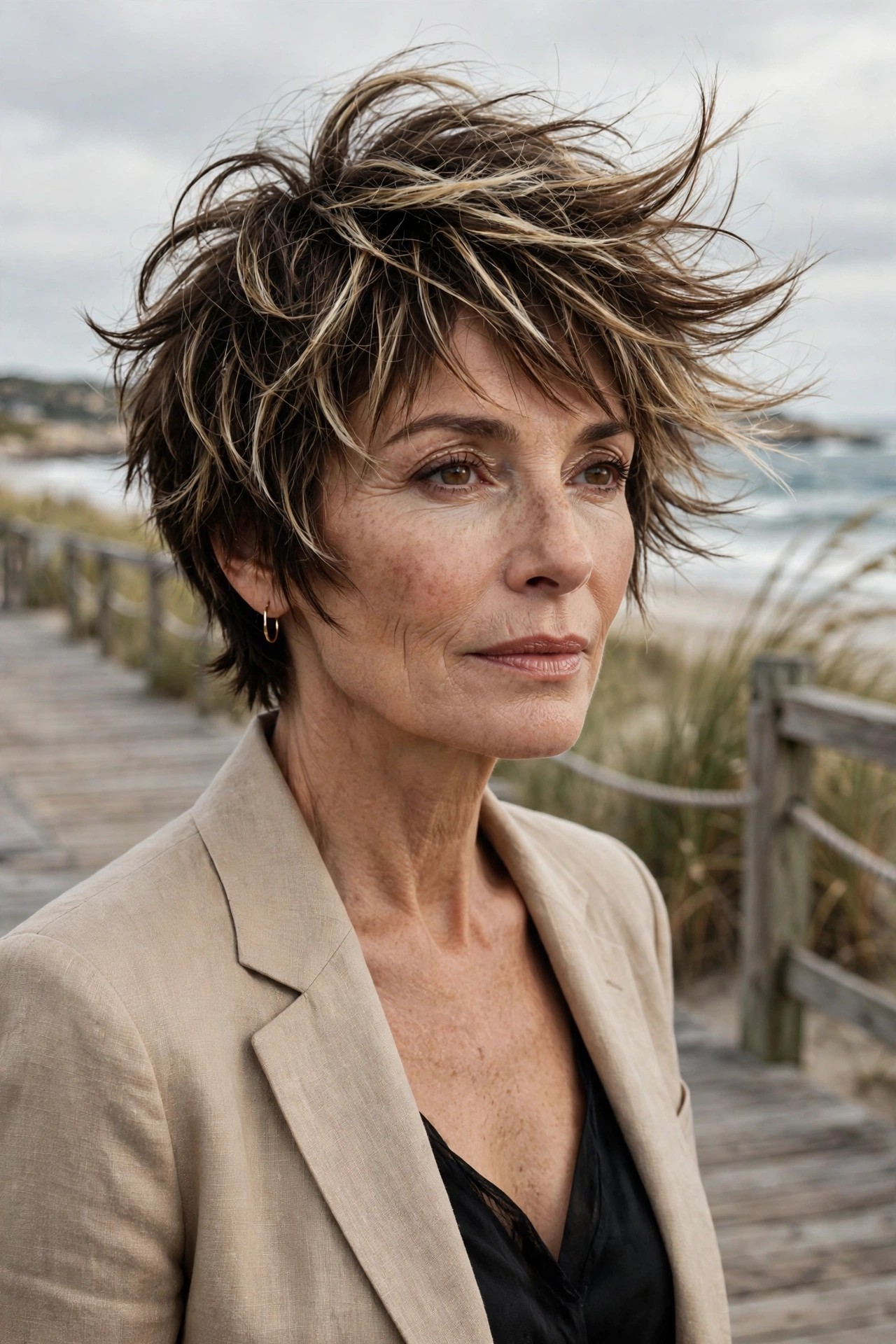 Woman in her 50s with a windswept shaggy pixie