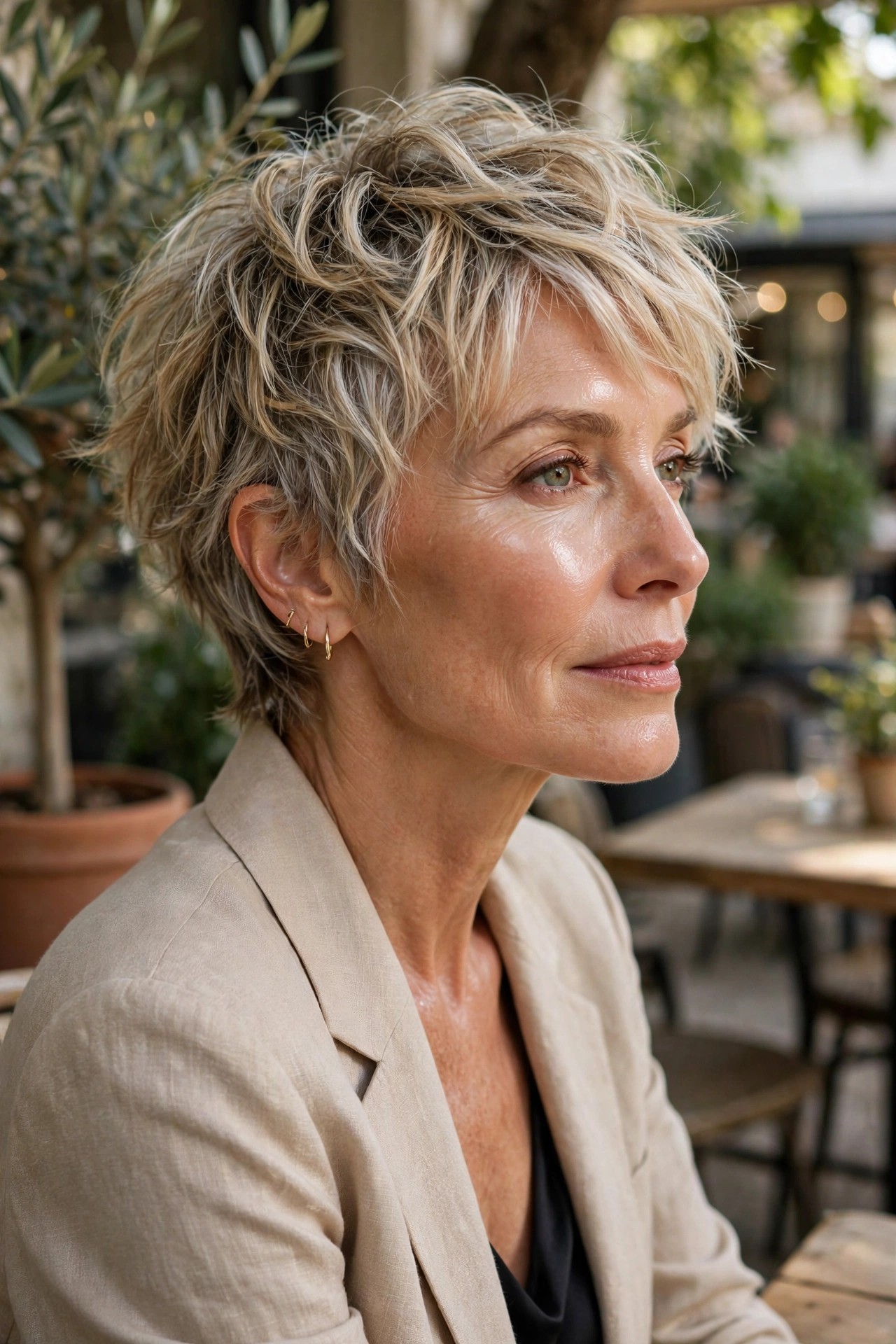 Woman in her 50s with a dewy shaggy pixie