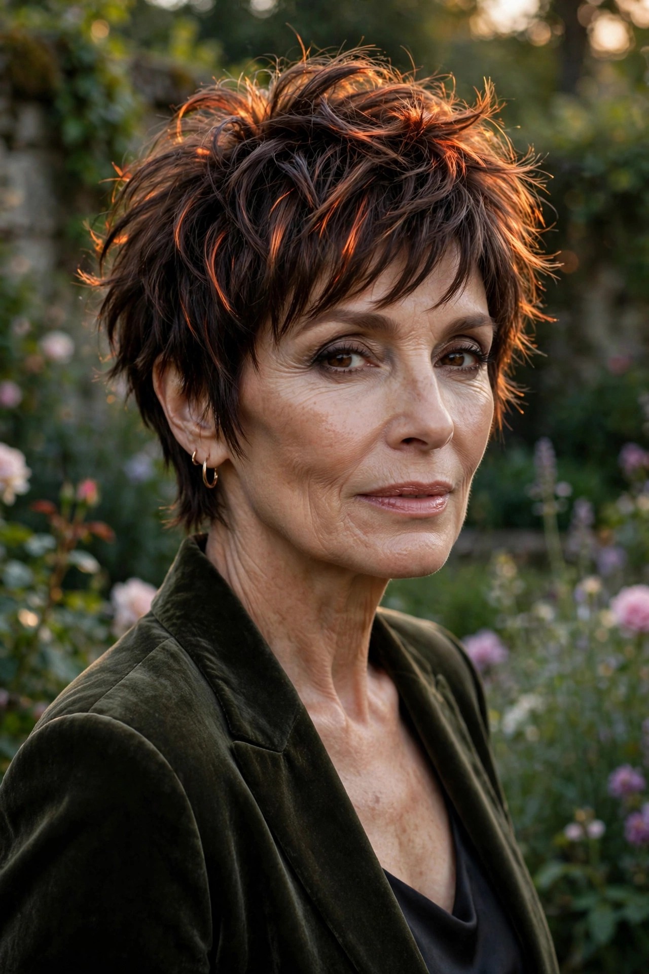 Woman in her 60s with a smoky campfire shaggy pixie