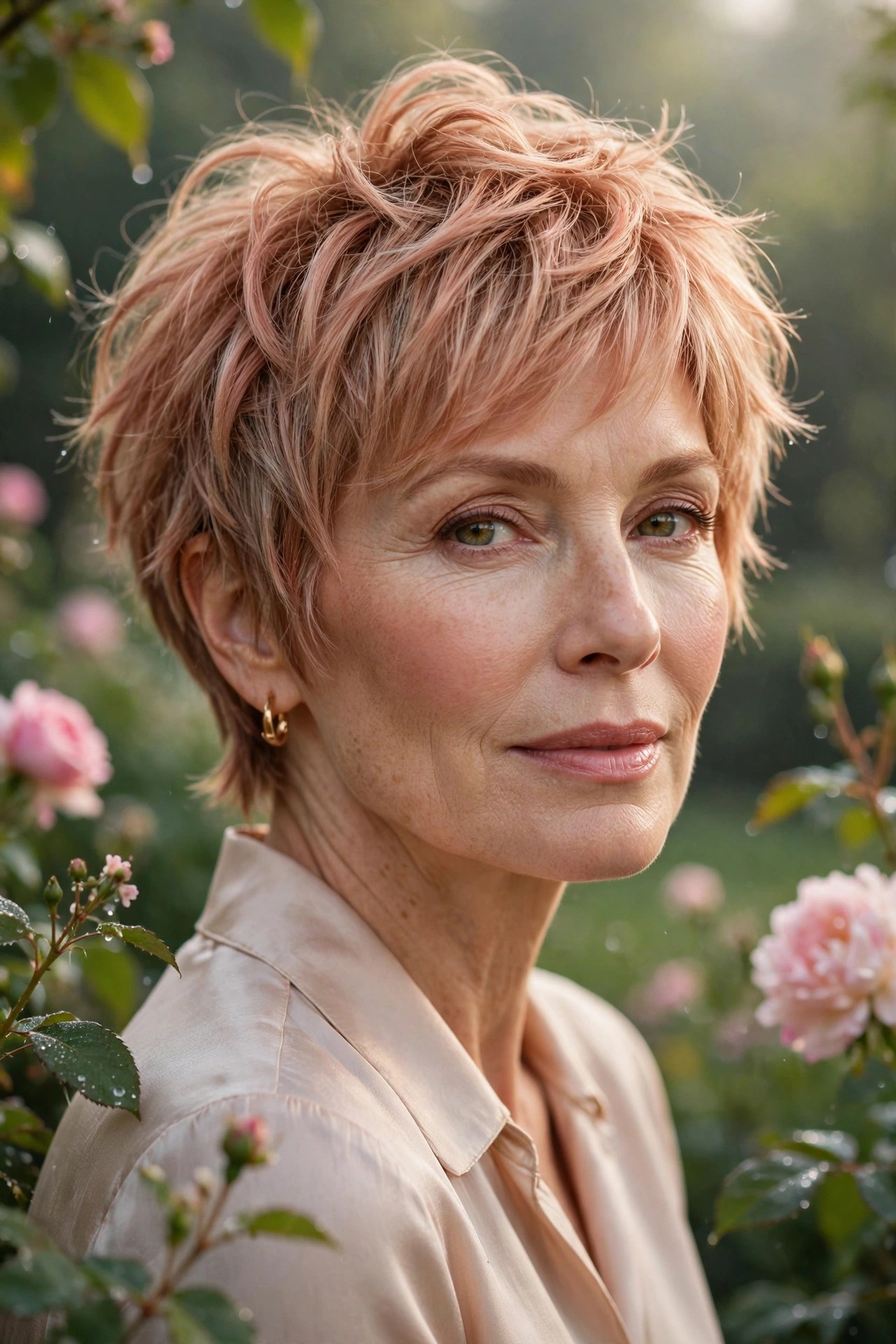 Woman in her 50s with a rosy-gold dawn shaggy pixie