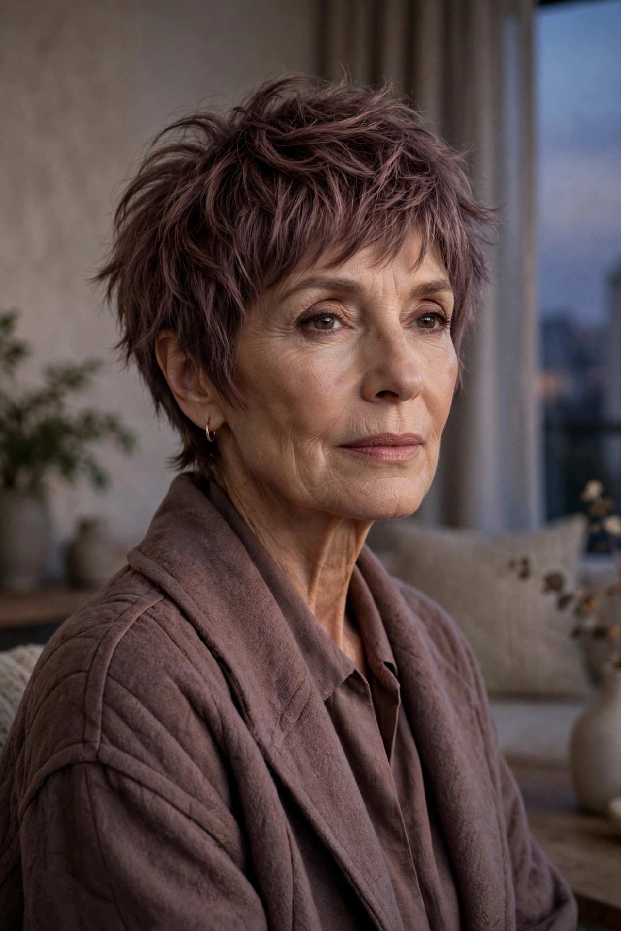 Woman in her 60s with a moody dusk shaggy pixie