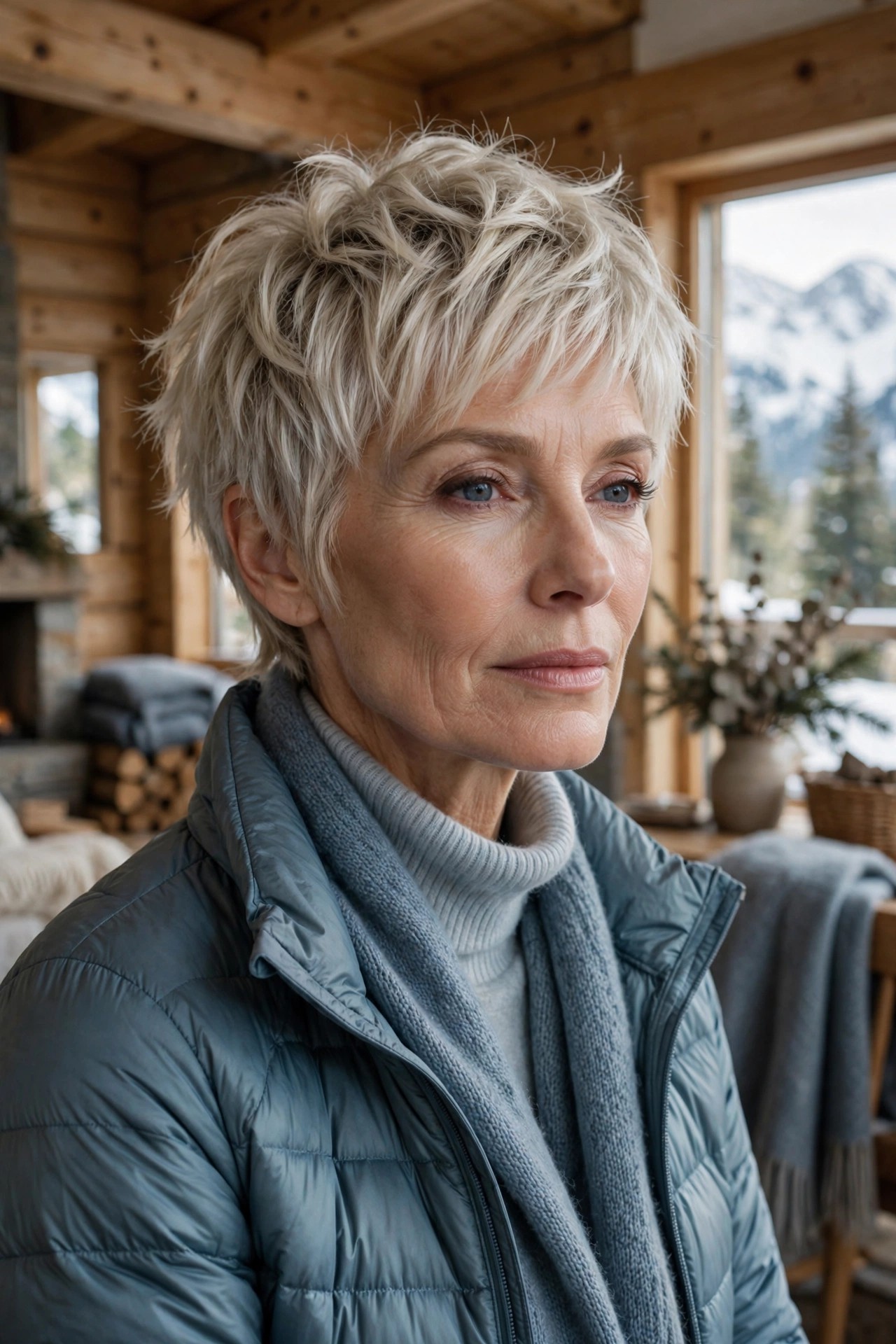 Woman in her 50s with a crisp alpine shaggy pixie