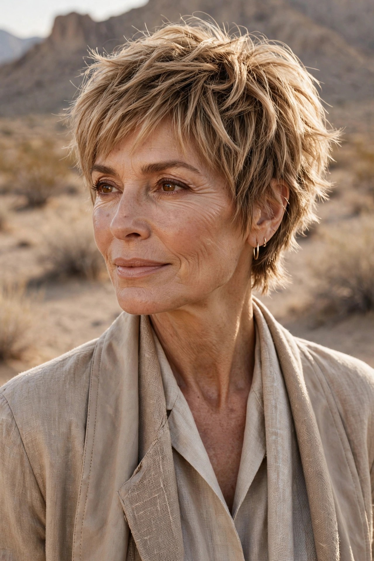 Woman in her 50s with a warm desert shaggy pixie