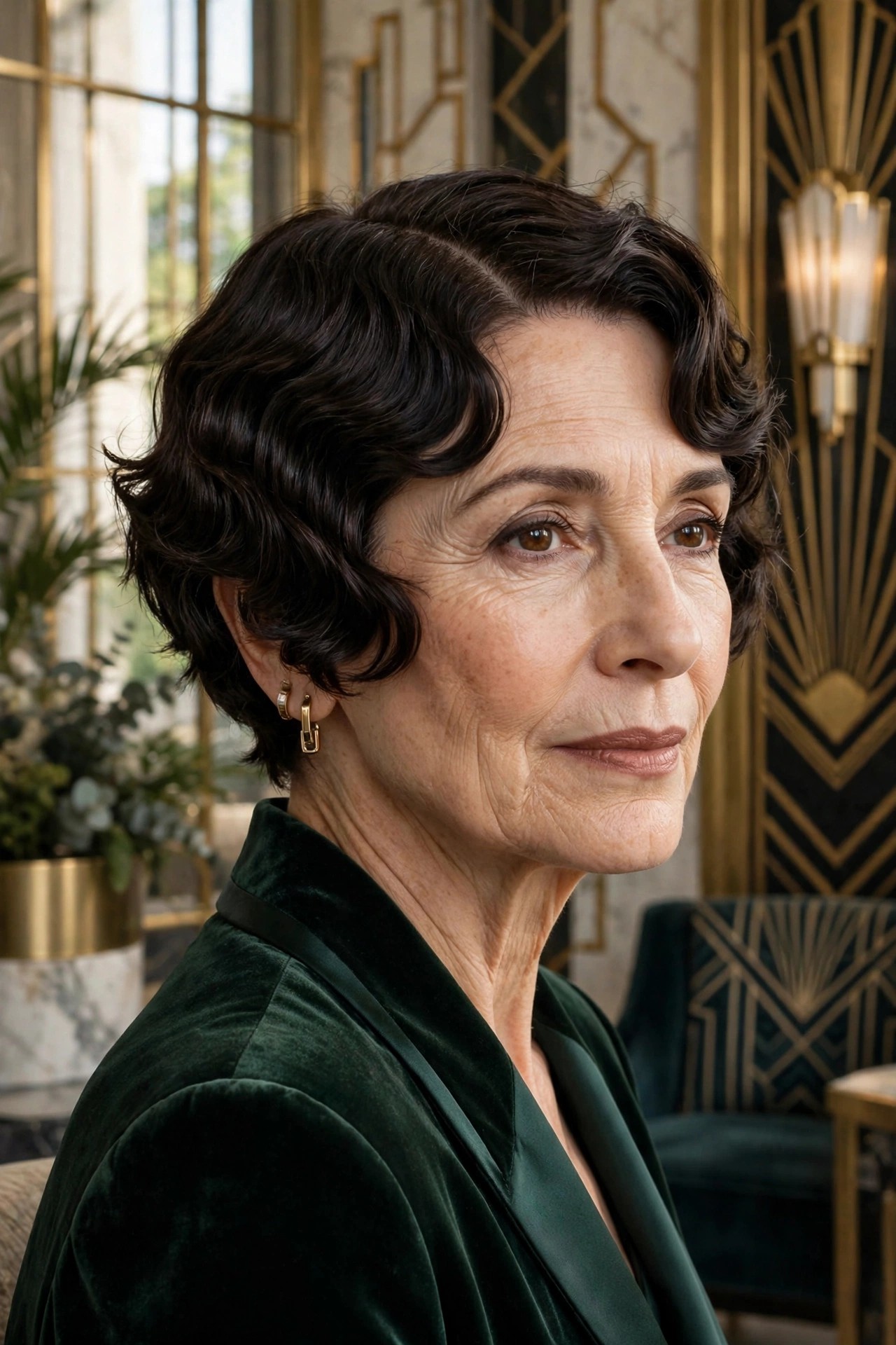 Woman in her 60s with a jazz-age vintage shaggy pixie