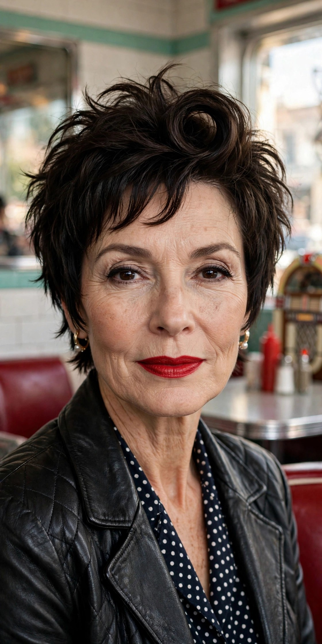 Woman in her 50s with a rockabilly shaggy pixie