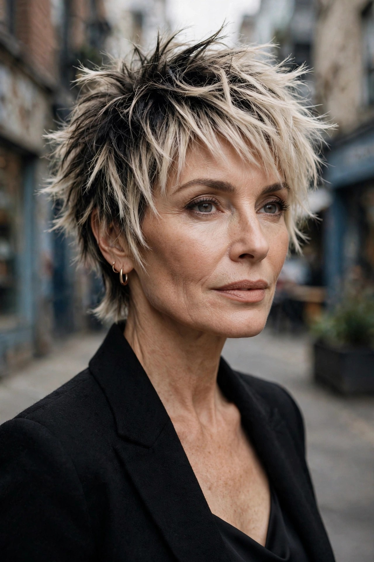 Woman in her 50s with a dramatic two-tone shaggy pixie