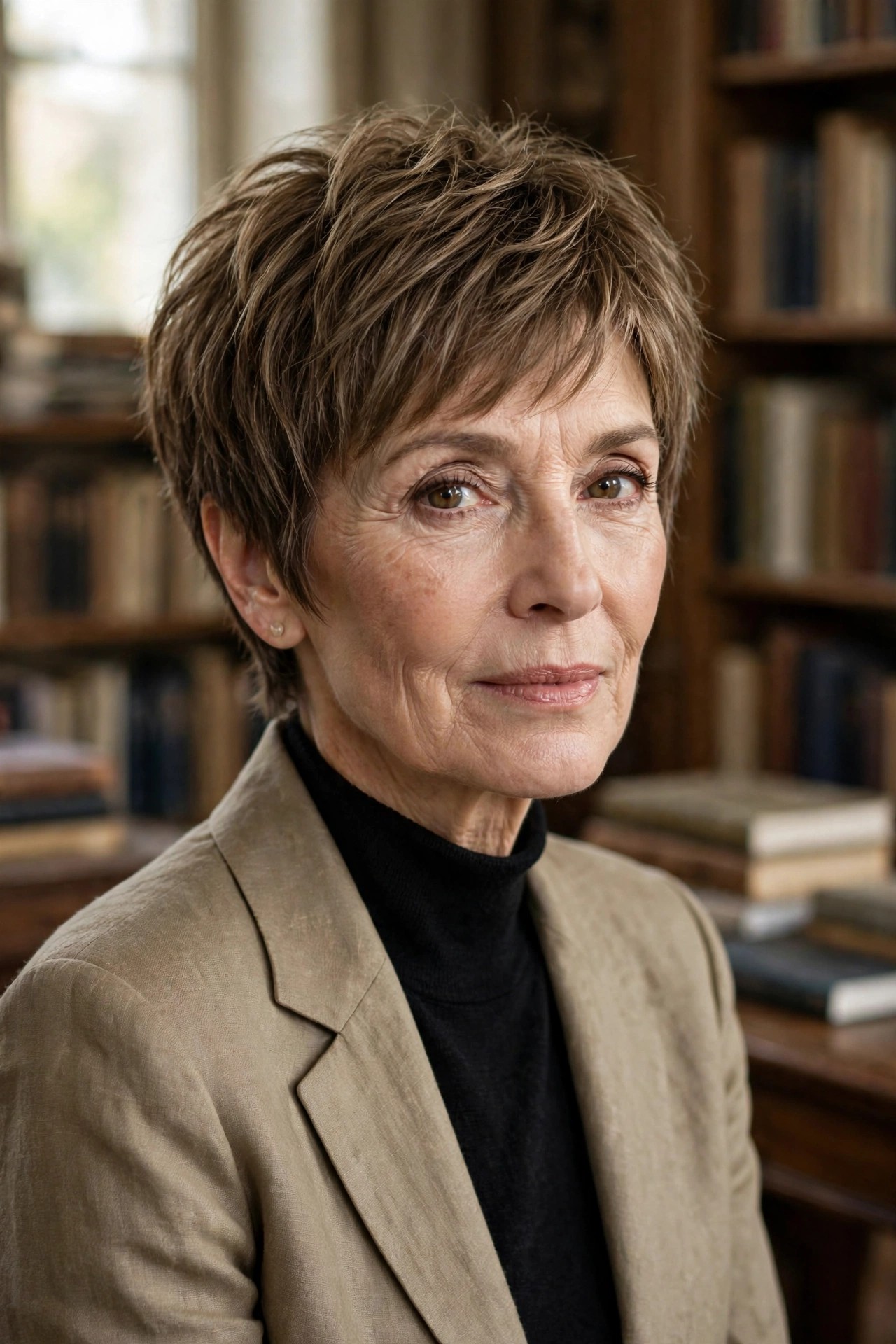 Woman in her 60s with a neat librarian-chic shaggy pixie