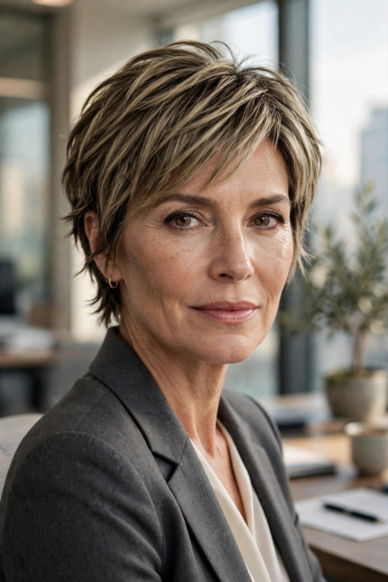 Woman in her 50s with a polished boardroom shaggy pixie