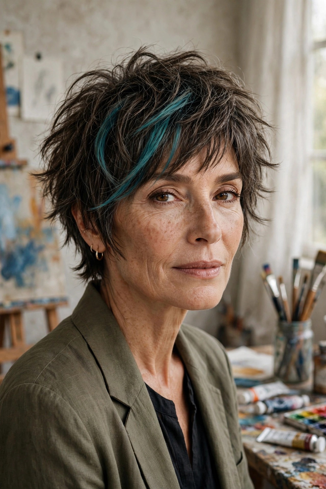 Woman in her 50s with a creative artist shaggy pixie