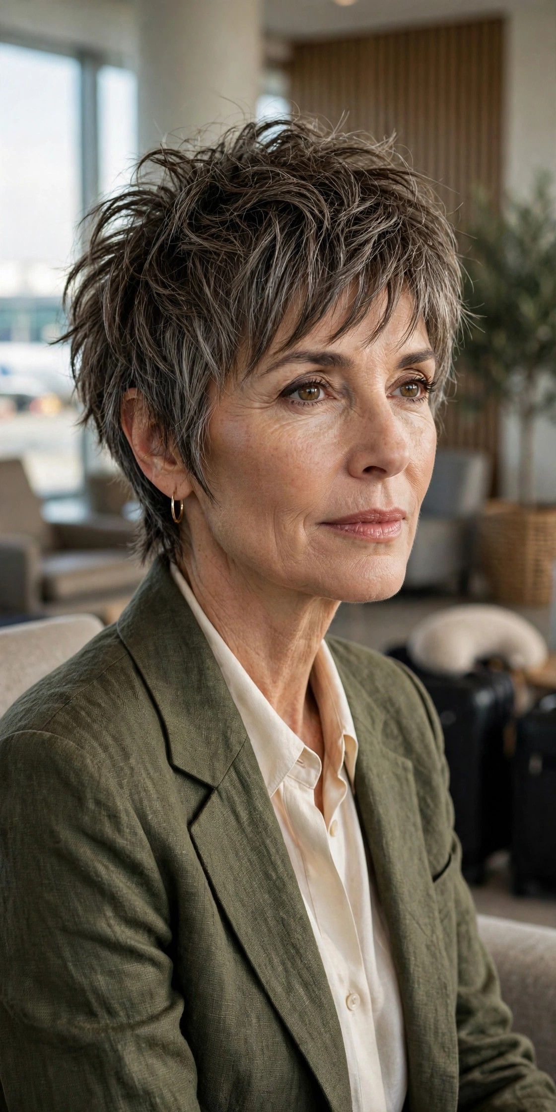 Woman in her 50s with a travel-ready jet-set shaggy pixie