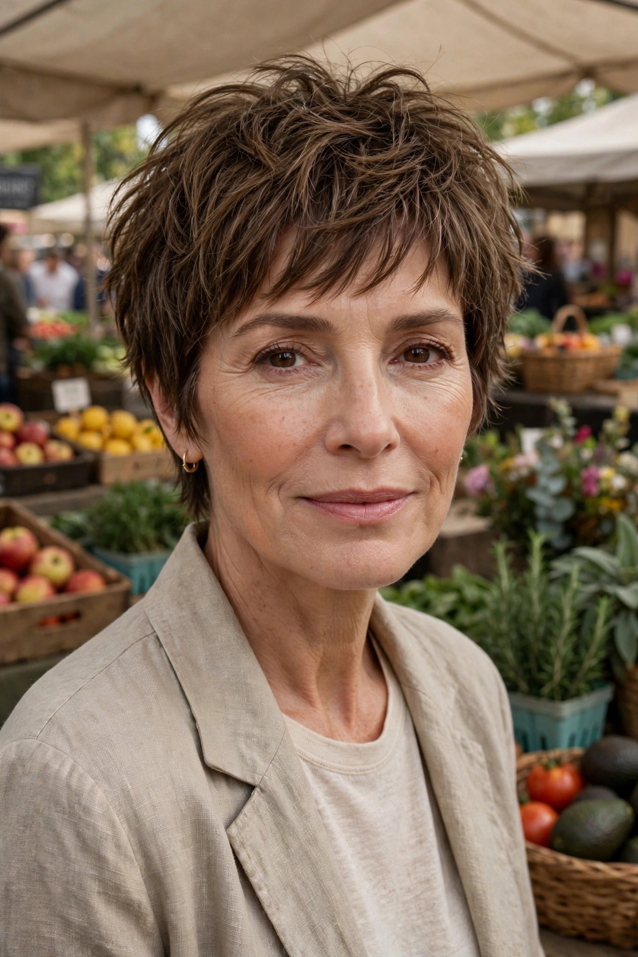 Woman in her 50s with an easy weekend shaggy pixie