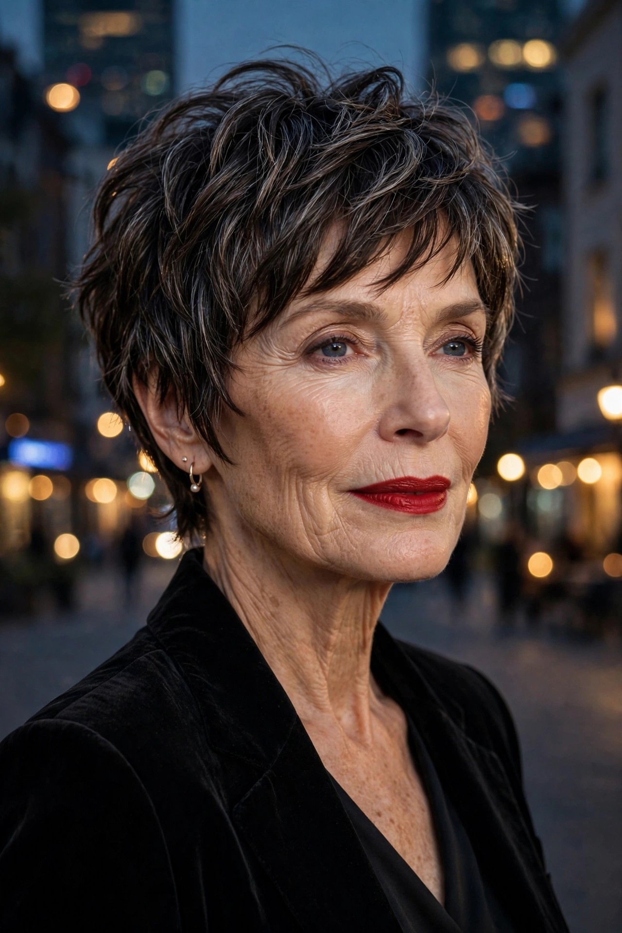 Woman in her 60s with a glossy night-out shaggy pixie