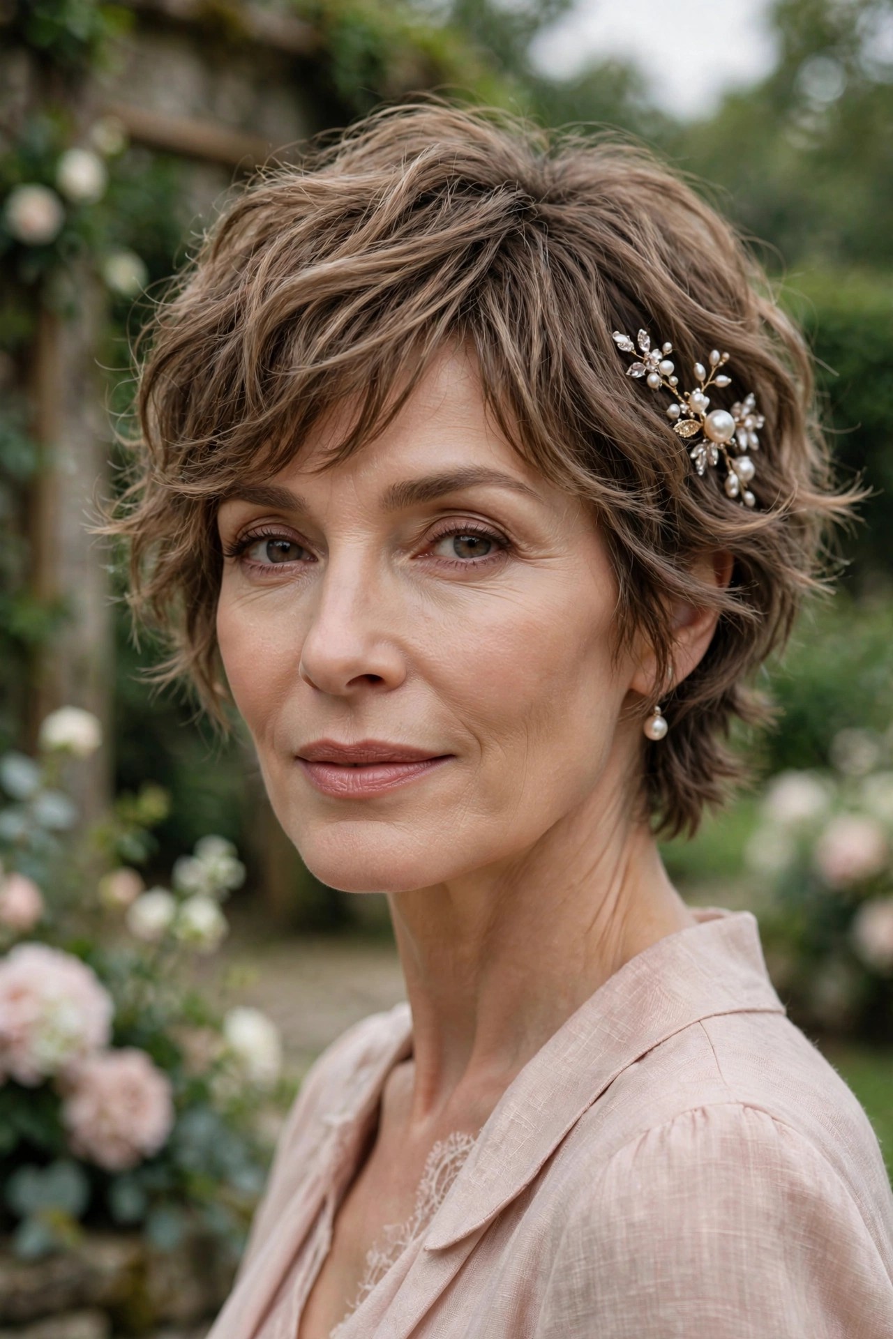 Woman in her 50s with a romantic wedding-guest shaggy pixie