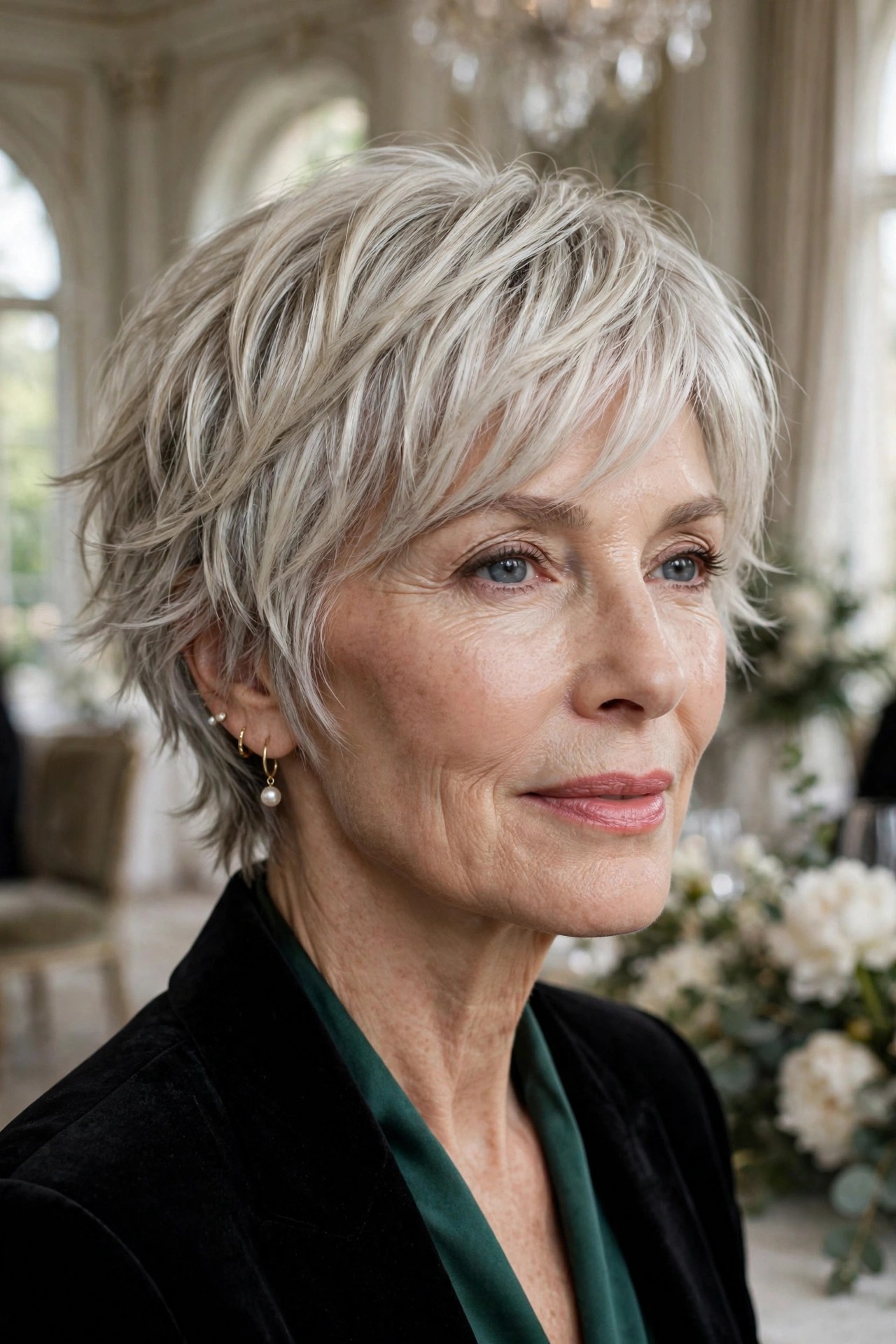 Woman in her 60s with a polished reunion-ready shaggy pixie