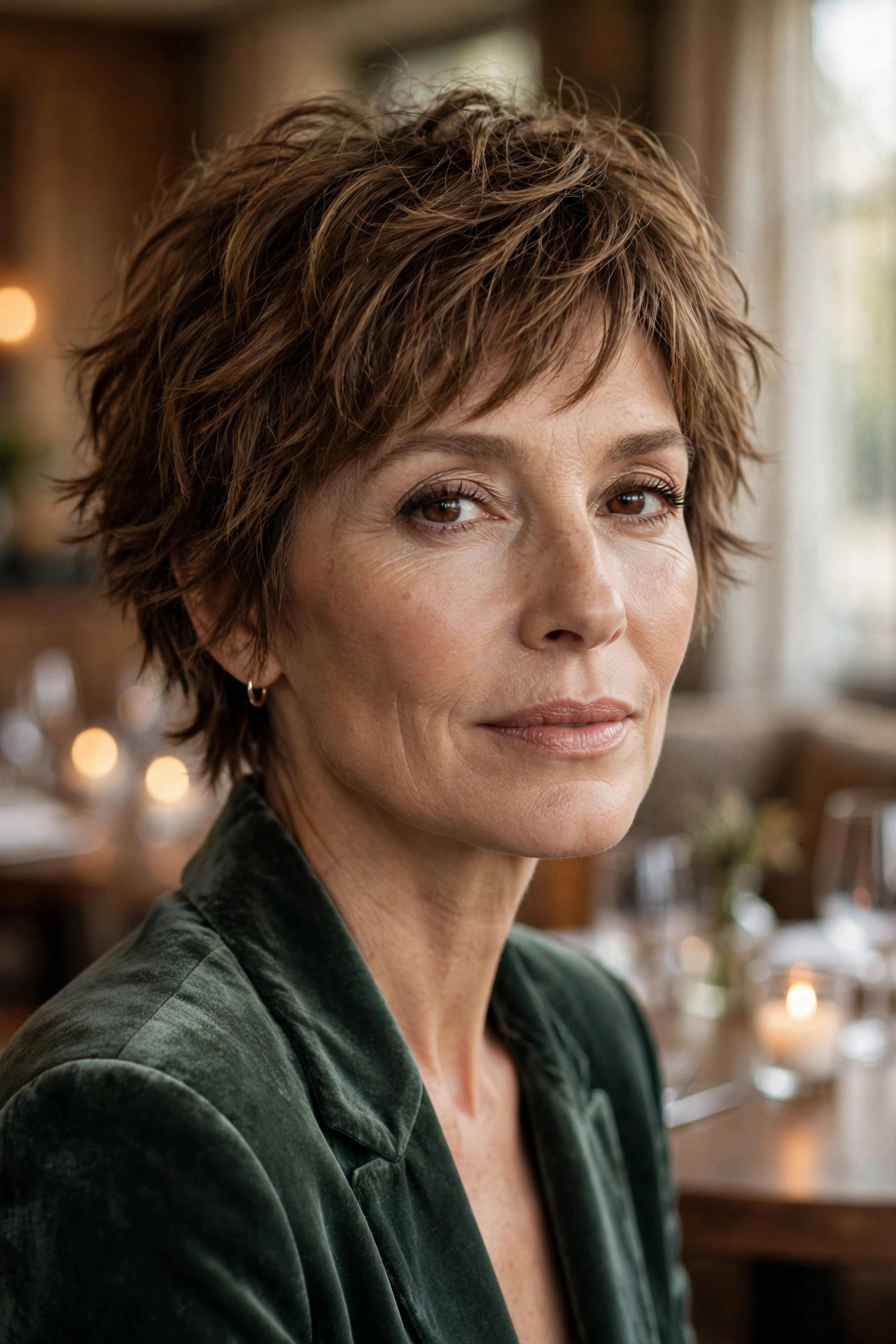Woman in her 50s with a soft dinner-date shaggy pixie