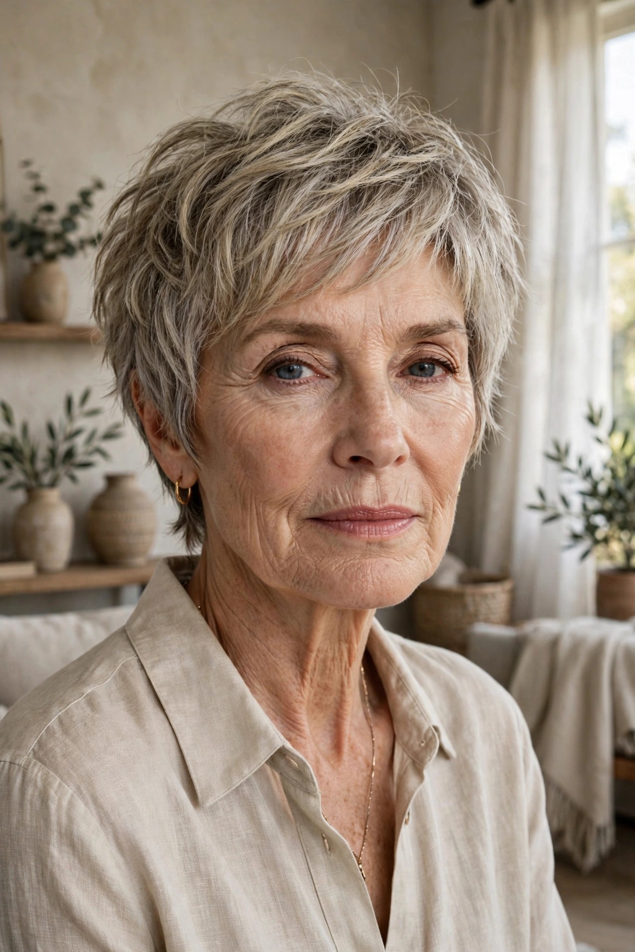 Woman in her 60s with a natural low-effort shaggy pixie