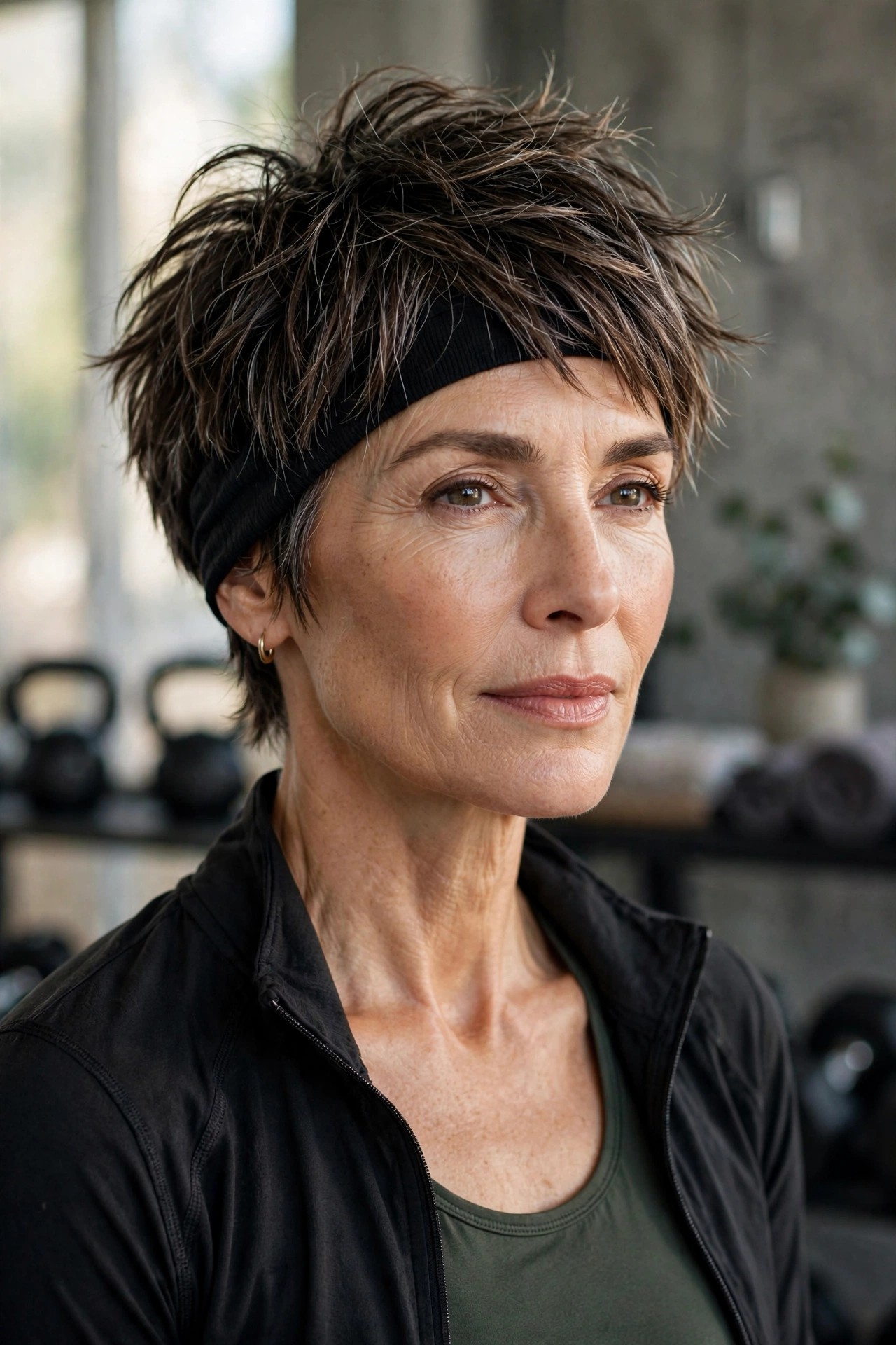 Woman in her 50s with a sporty gym-bag shaggy pixie