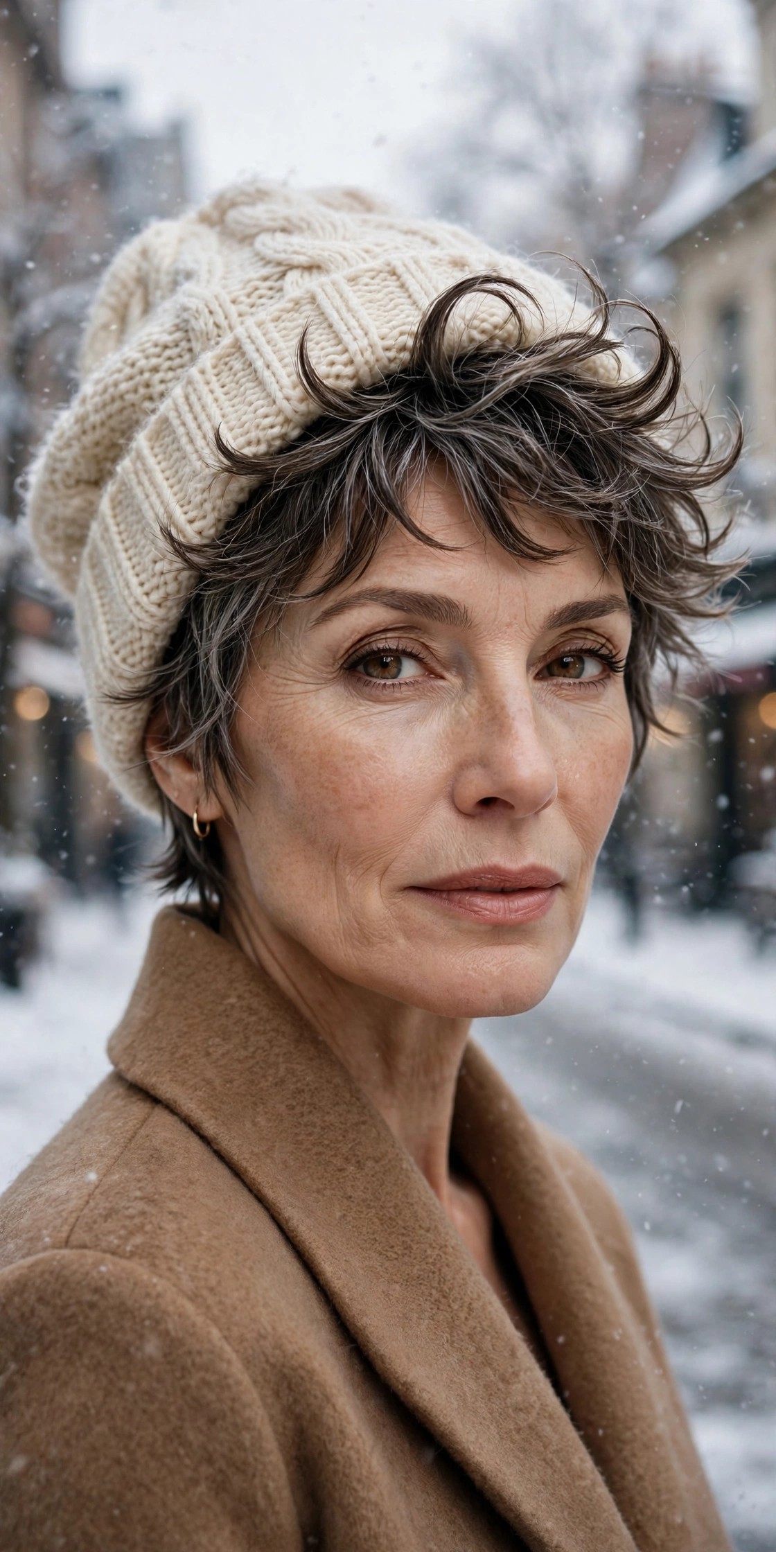 Woman in her 50s with a hat-friendly shaggy pixie