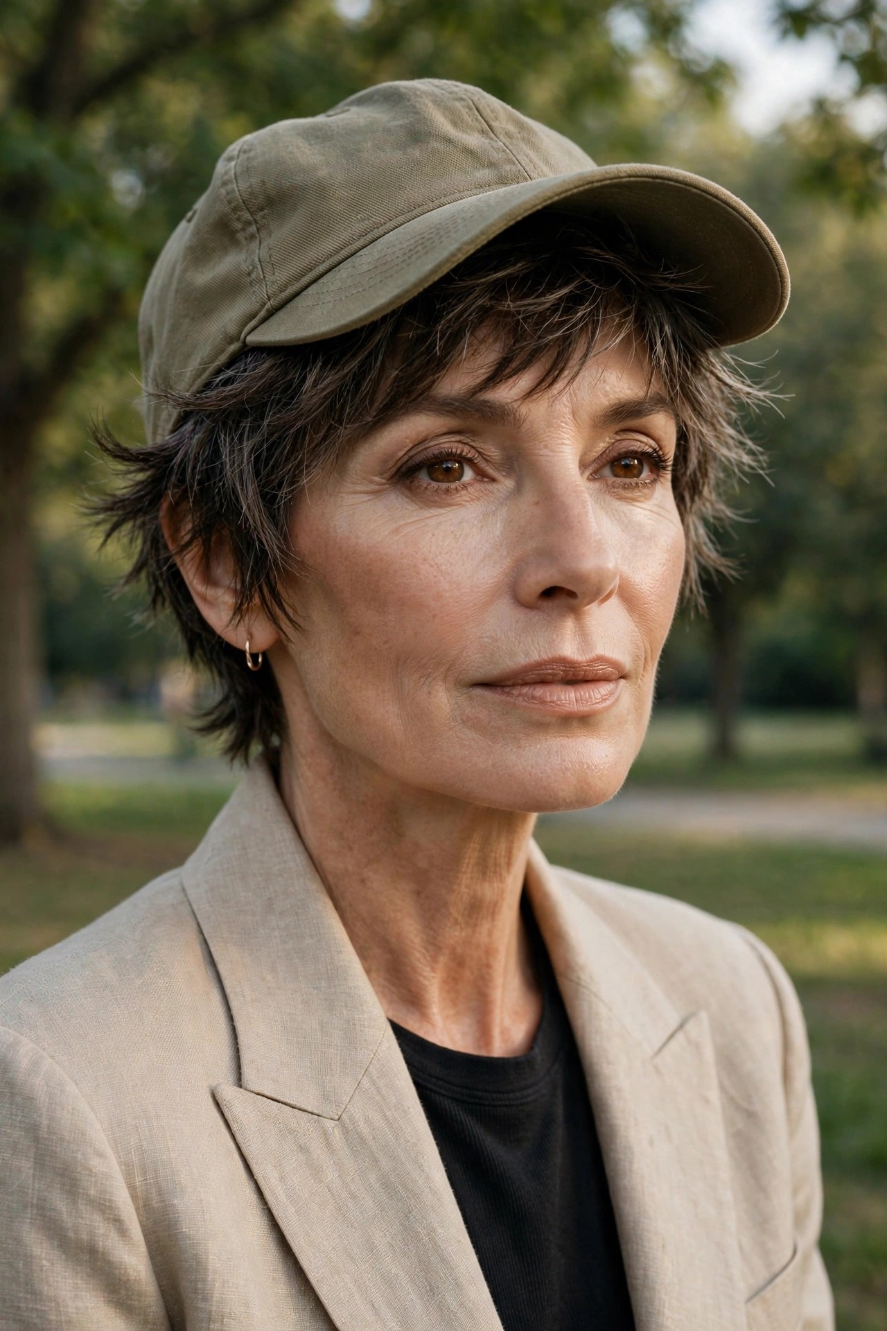 Woman in her 50s with a cap-ready shaggy pixie