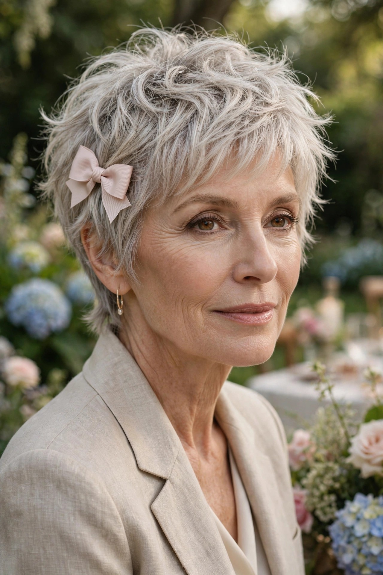 Woman in her 60s with a bow-tied shaggy pixie