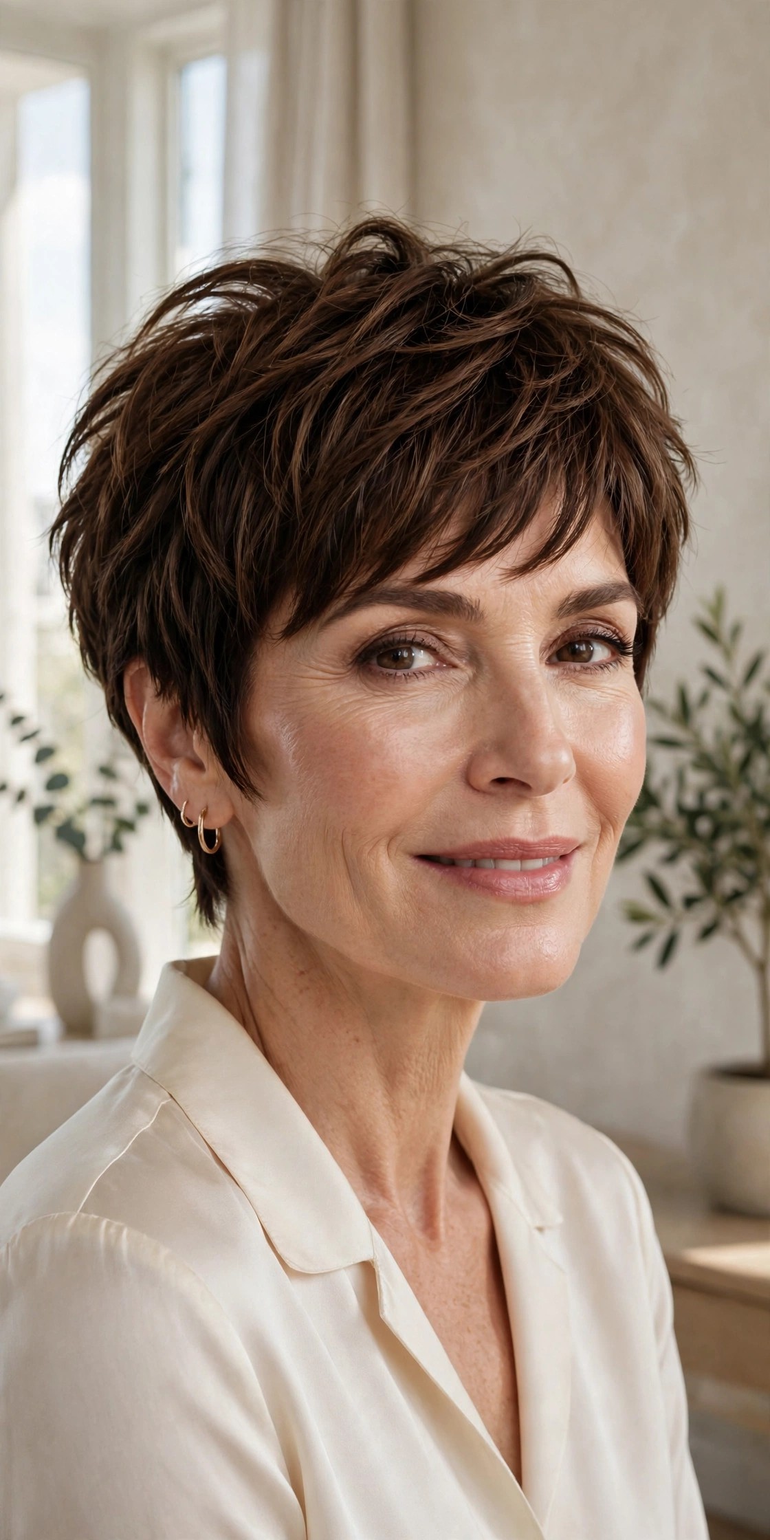 Woman in her 50s with a luxurious effortless-crown shaggy pixie