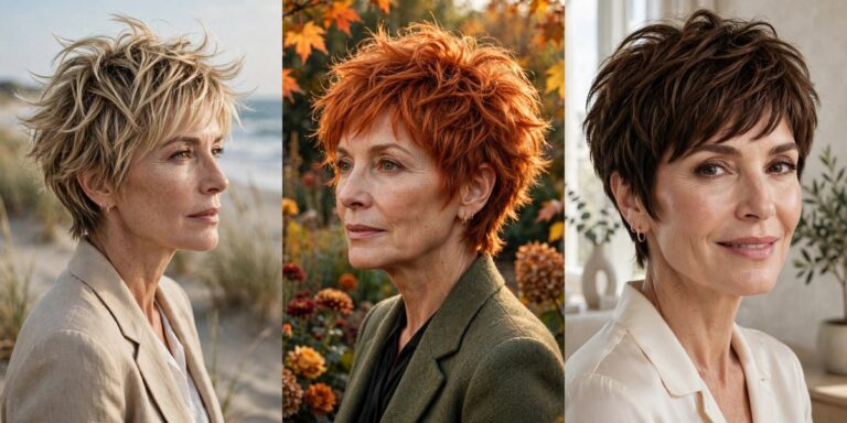 Short shaggy pixie haircuts collage: beachy, copper, effortless crown