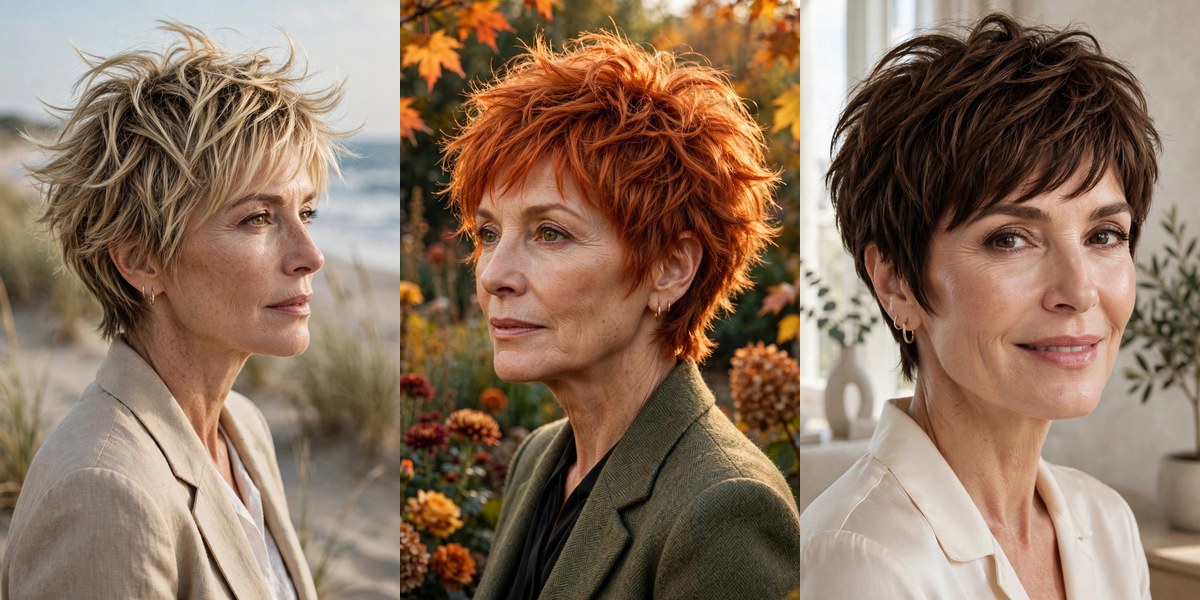 Short shaggy pixie haircuts collage: beachy, copper, effortless crown