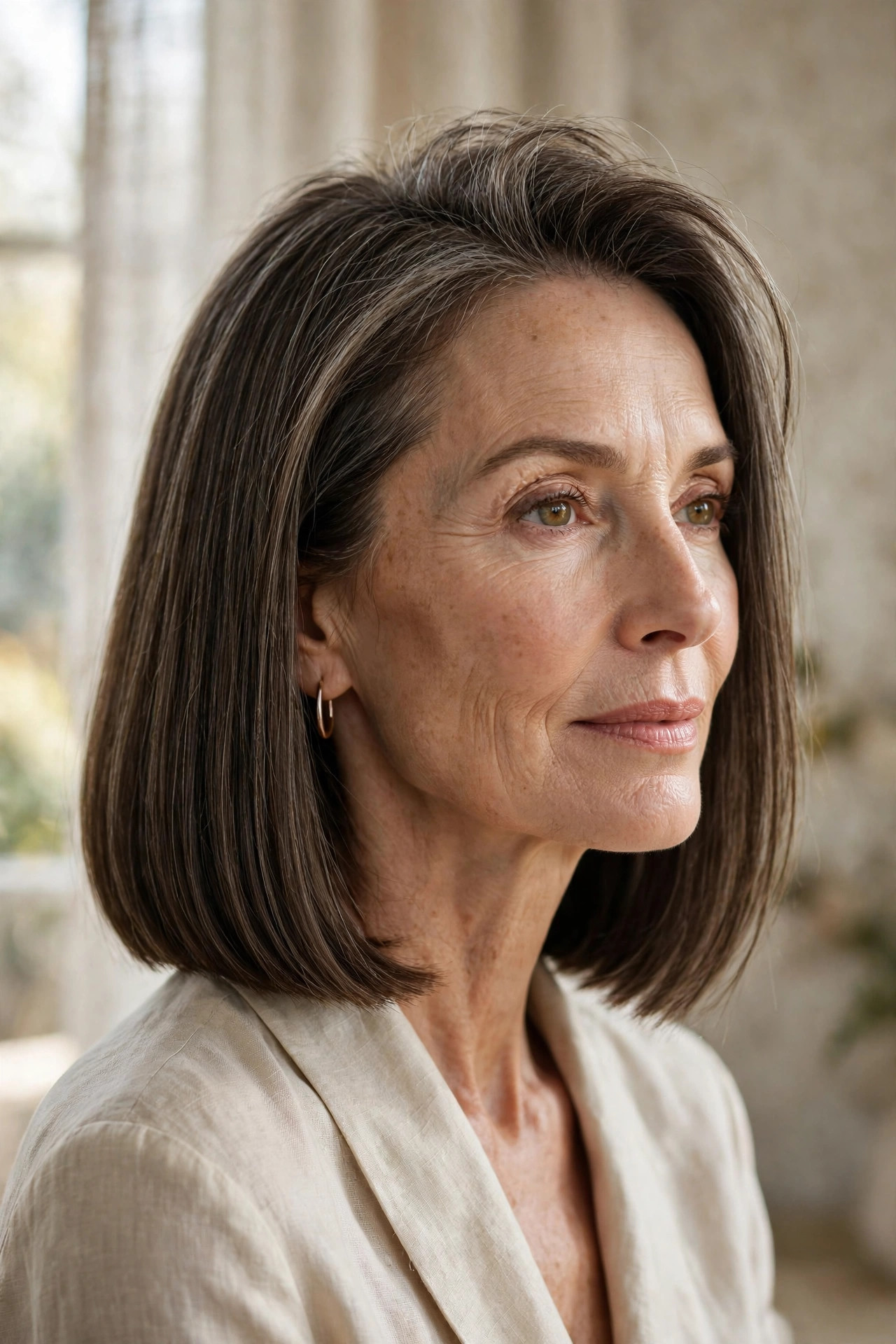 Blunt collarbone-length long bob with lifted roots on a woman in her 50s