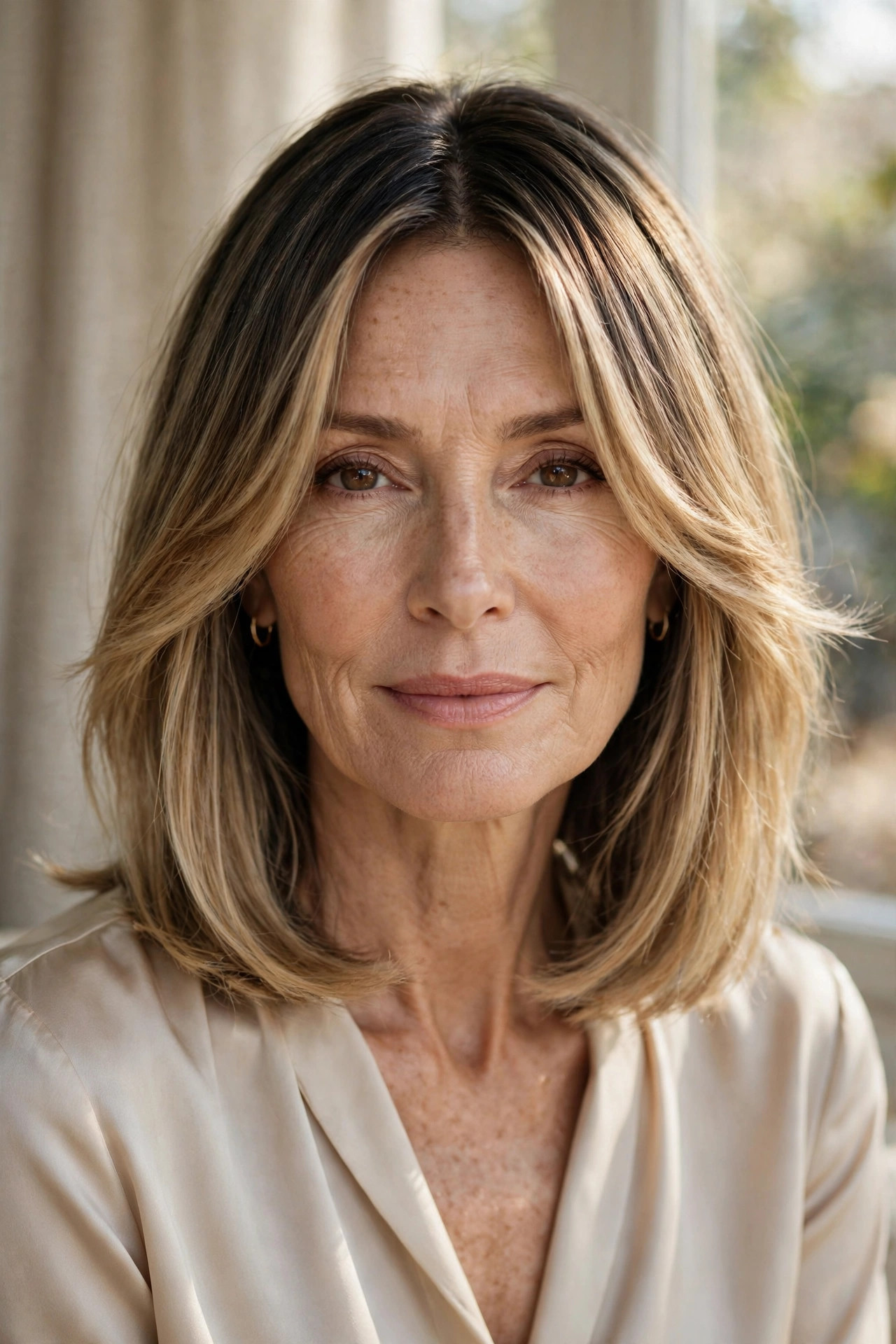 Collarbone lob with curtain bangs and soft shadow root in honey blonde