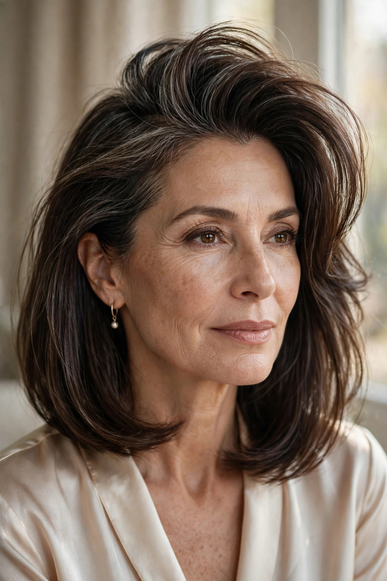 Collarbone lob with deep side part and voluminous swept crown