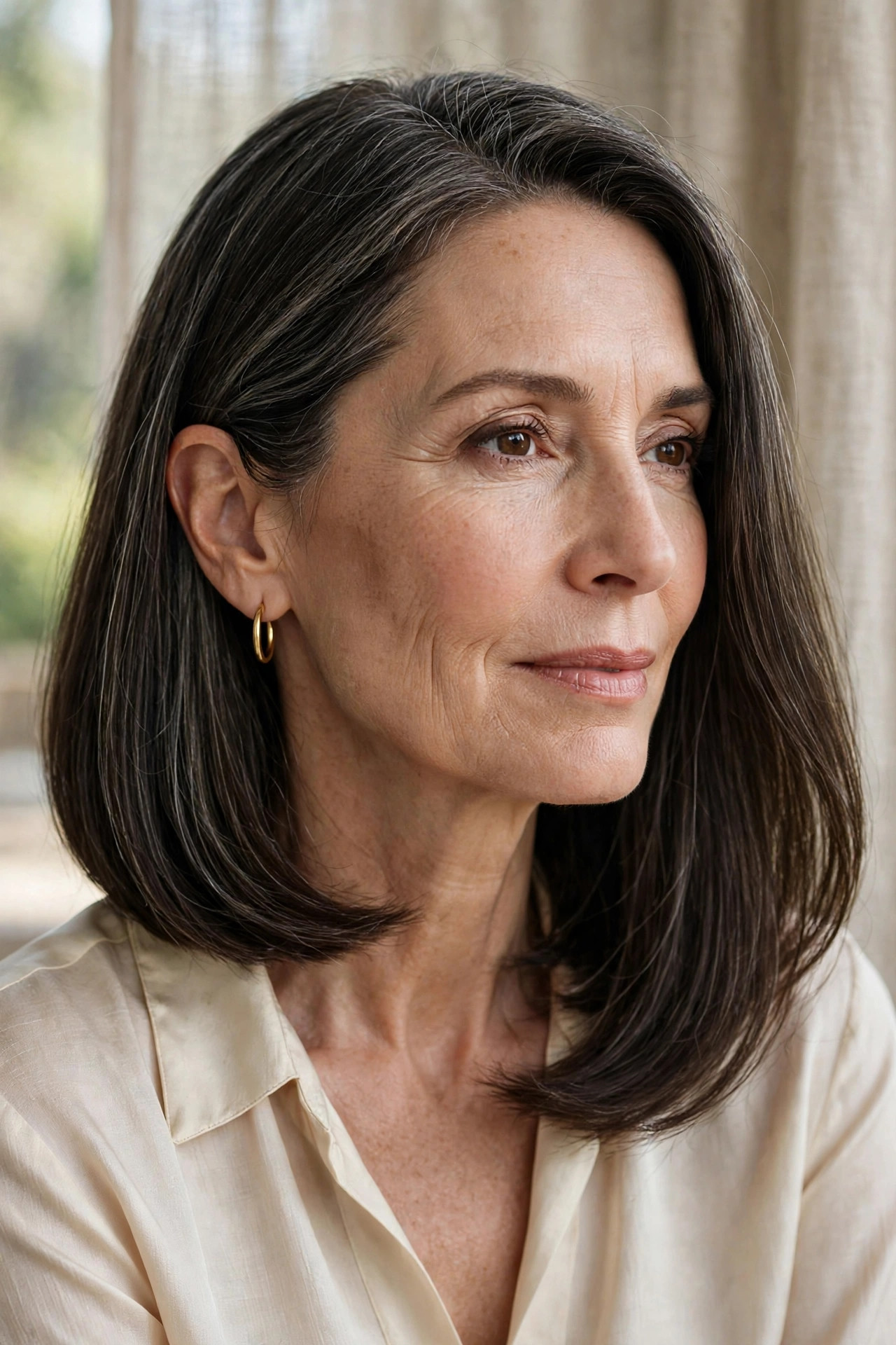 Sleek lob with one side tucked behind the ear, other side full