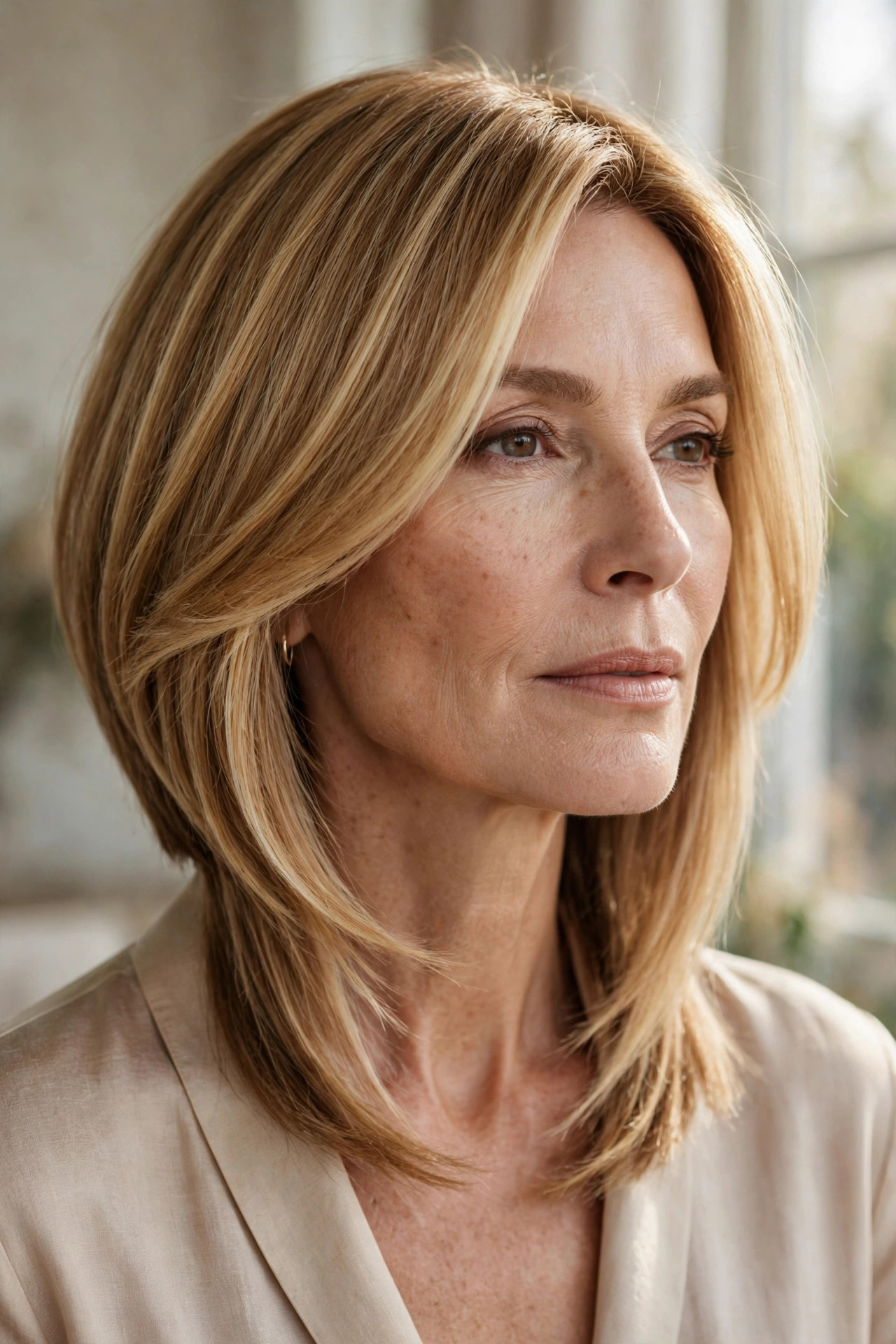 Gently angled honey-blonde lob longer toward the collarbone
