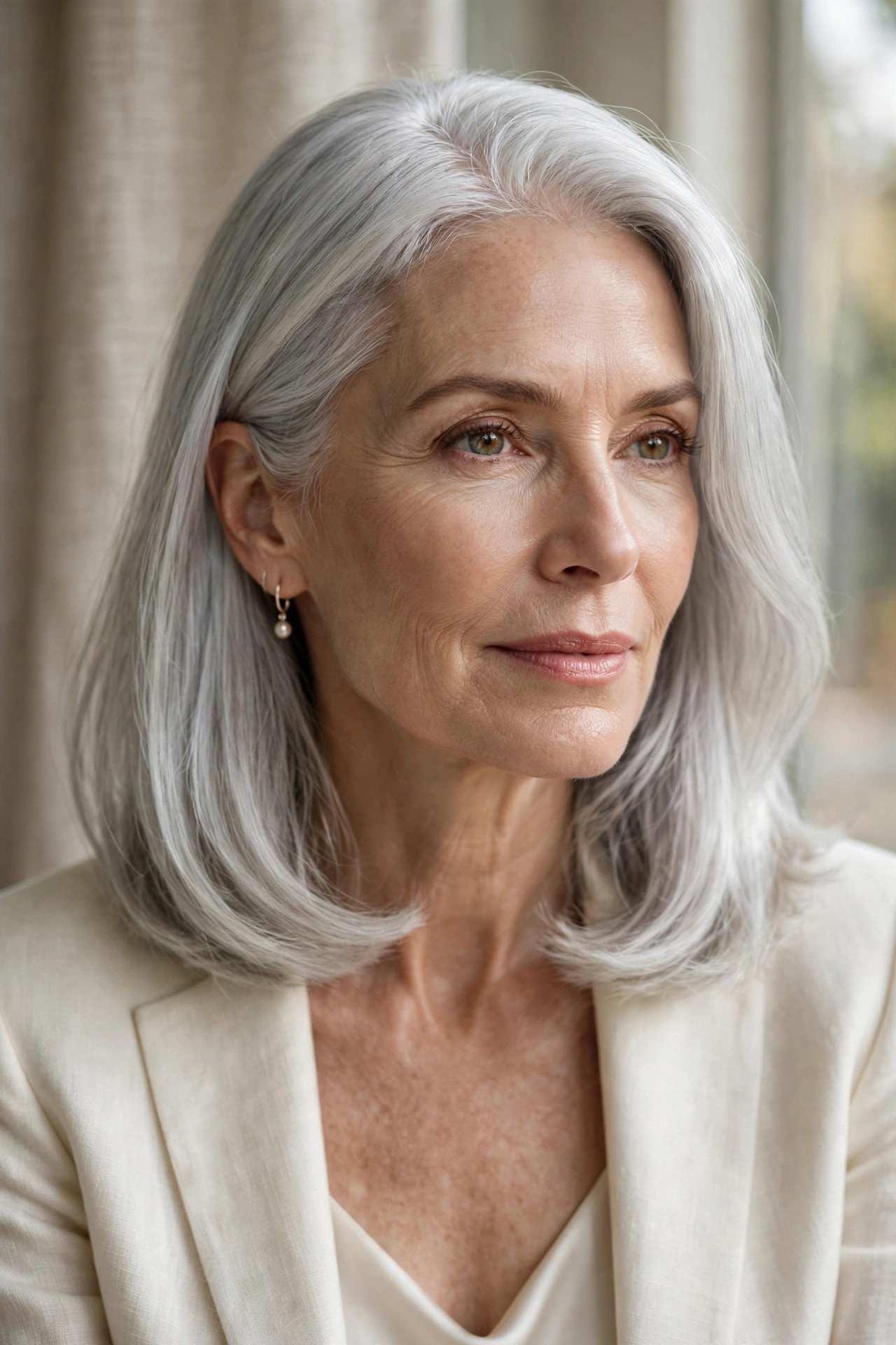Silver white collarbone lob with glossy luminous finish