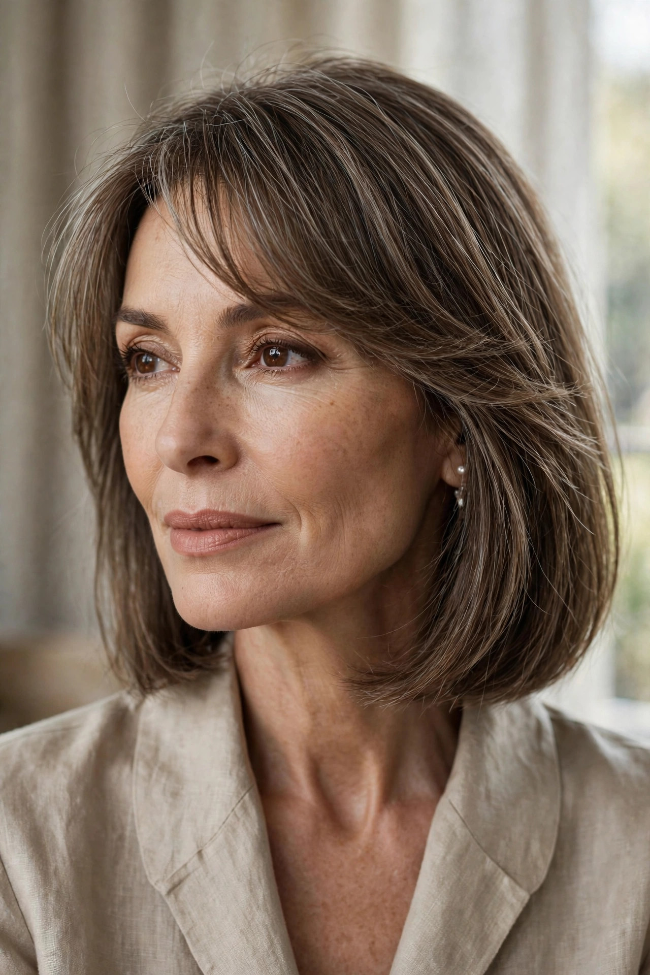 Collarbone lob with light wispy side-swept fringe