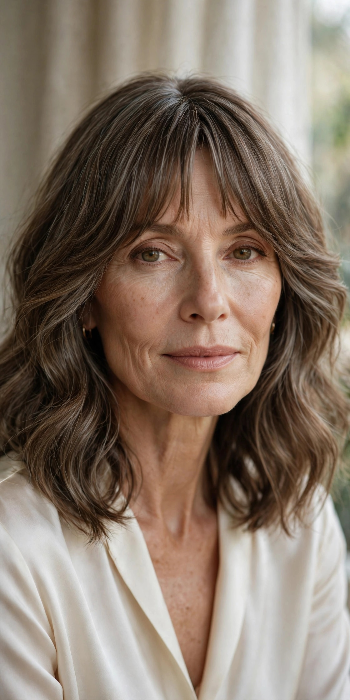 Wavy collarbone lob with bottleneck bangs framing the face